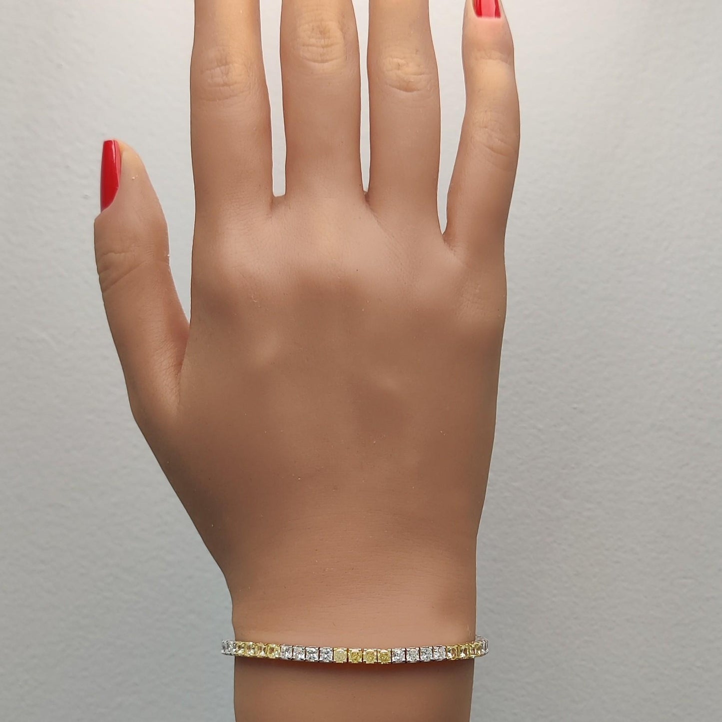 Natural Yellow Cushion and White Diamond 9.47 Carat TW Gold Tennis Bracelet