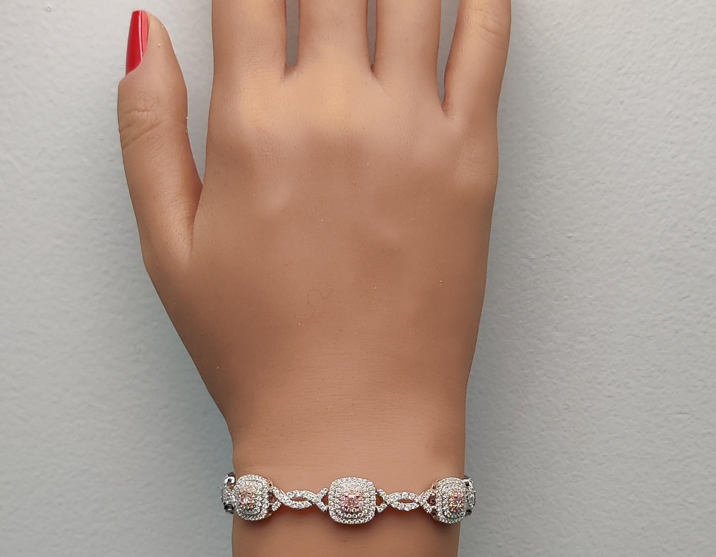 GIA Certified Natural Pink Cushion Diamond 4.59 Carat TW Gold Tennis Bracelet