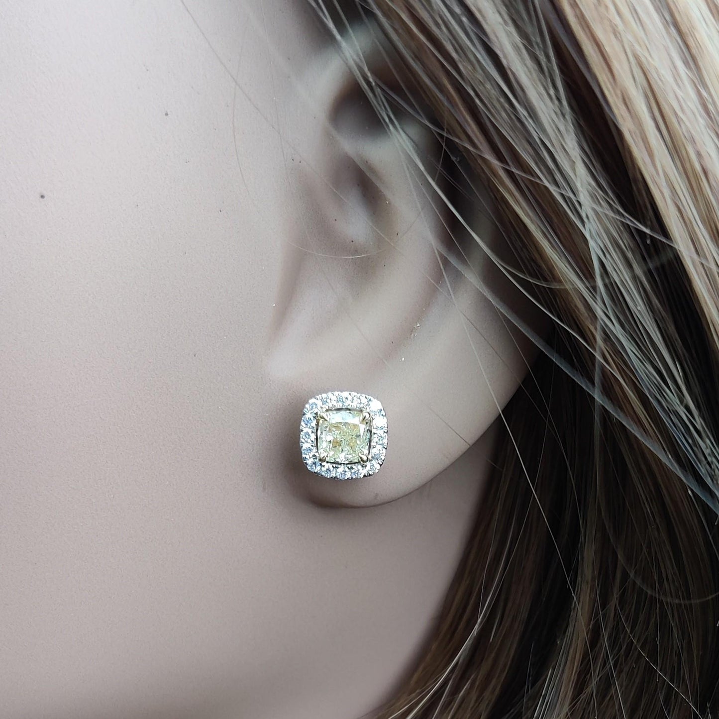 Natural Yellow Cushion and White Diamond 1.74 Carat TW Gold Stud Earrings