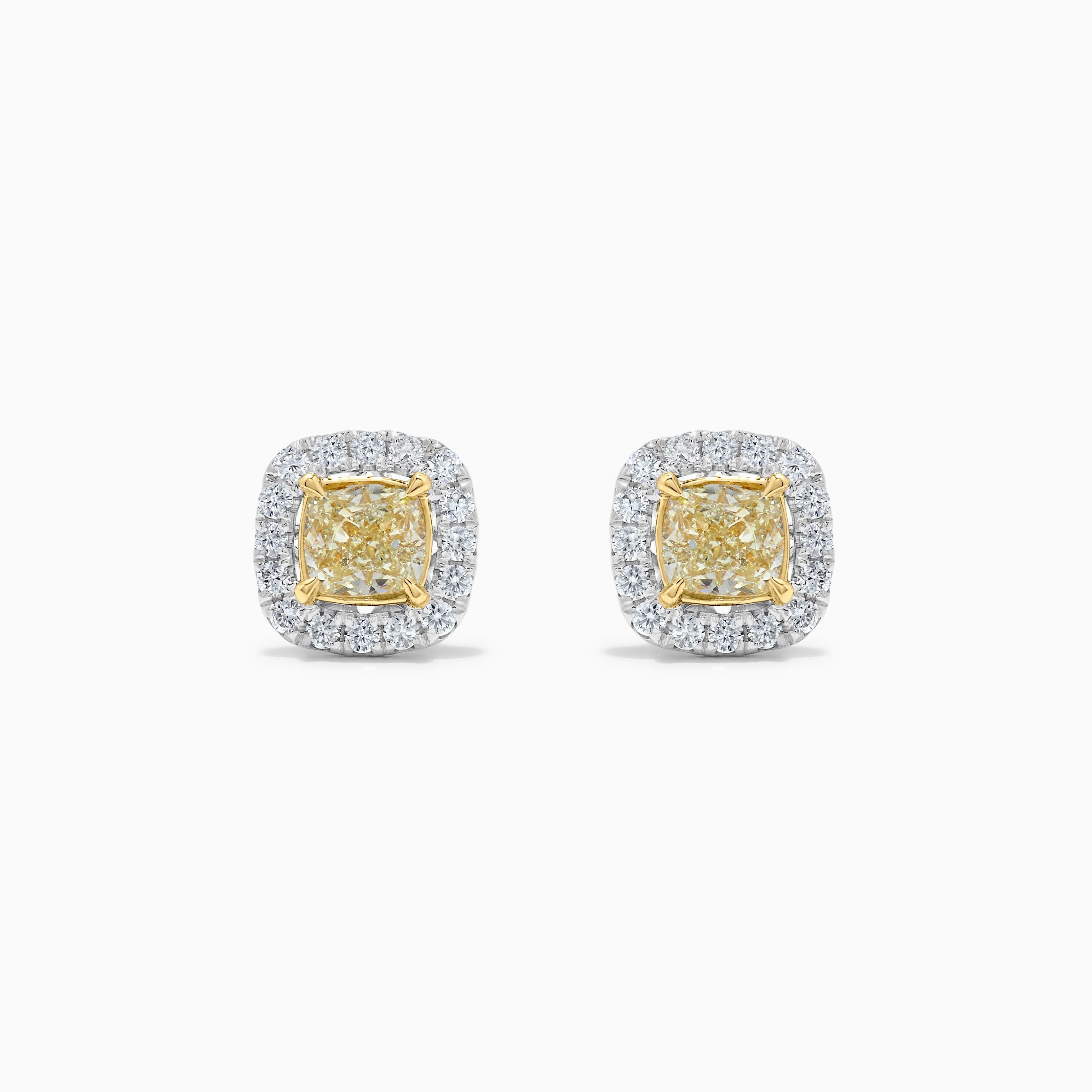 Natural Yellow Cushion Diamond 1.84 Carat TW Gold Stud Earrings