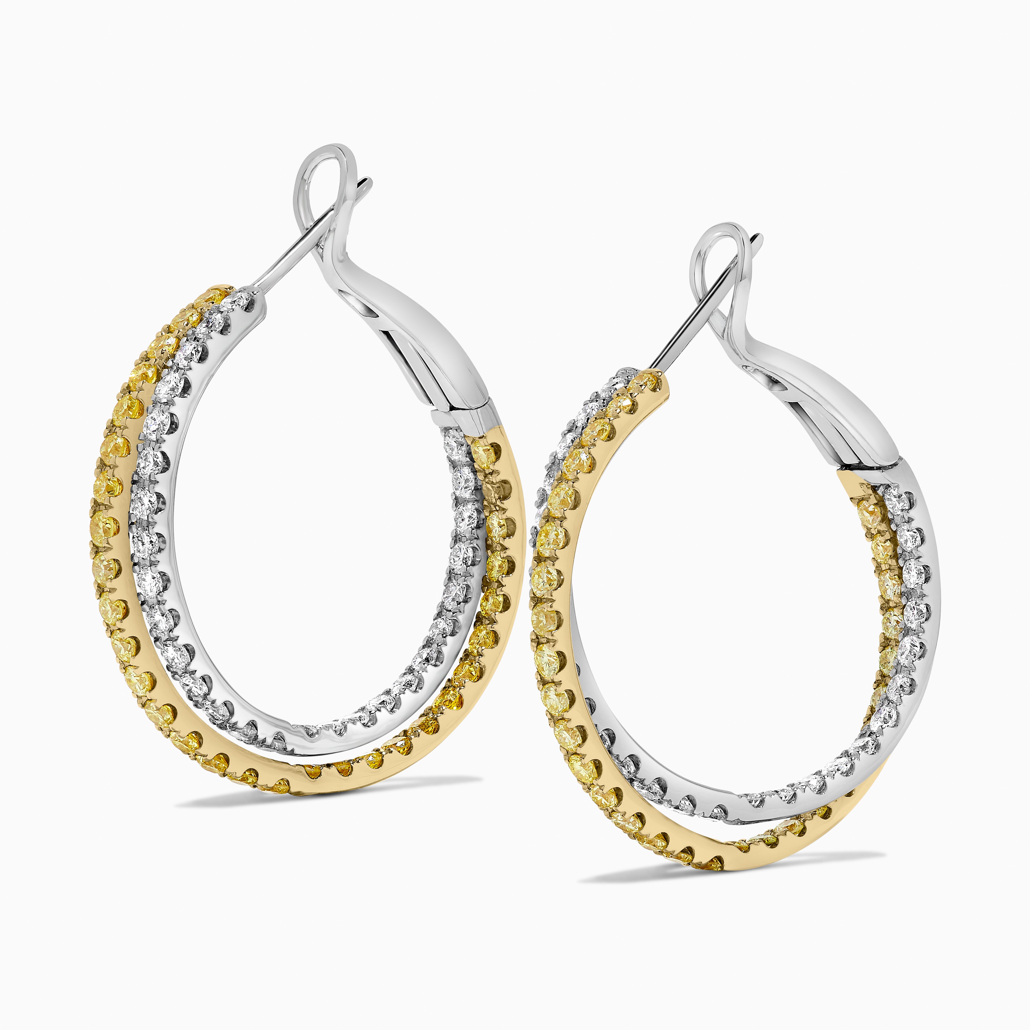 Natural Yellow Round and White Diamond 2.62 Carat TW Gold Hoop Earrings