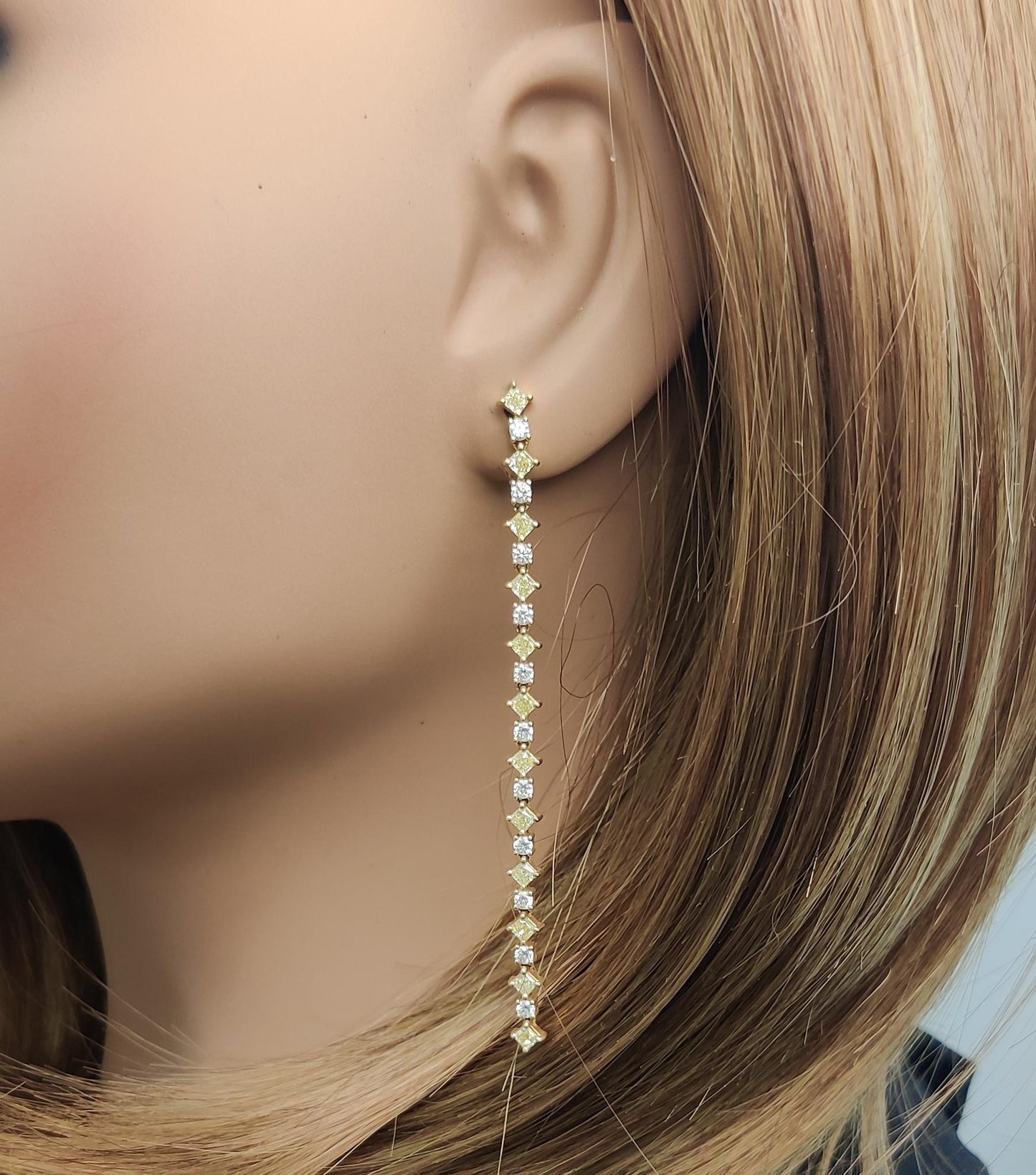 Natural Yellow Radiant Diamond 2.67 Carat TW Gold Drop Earrings