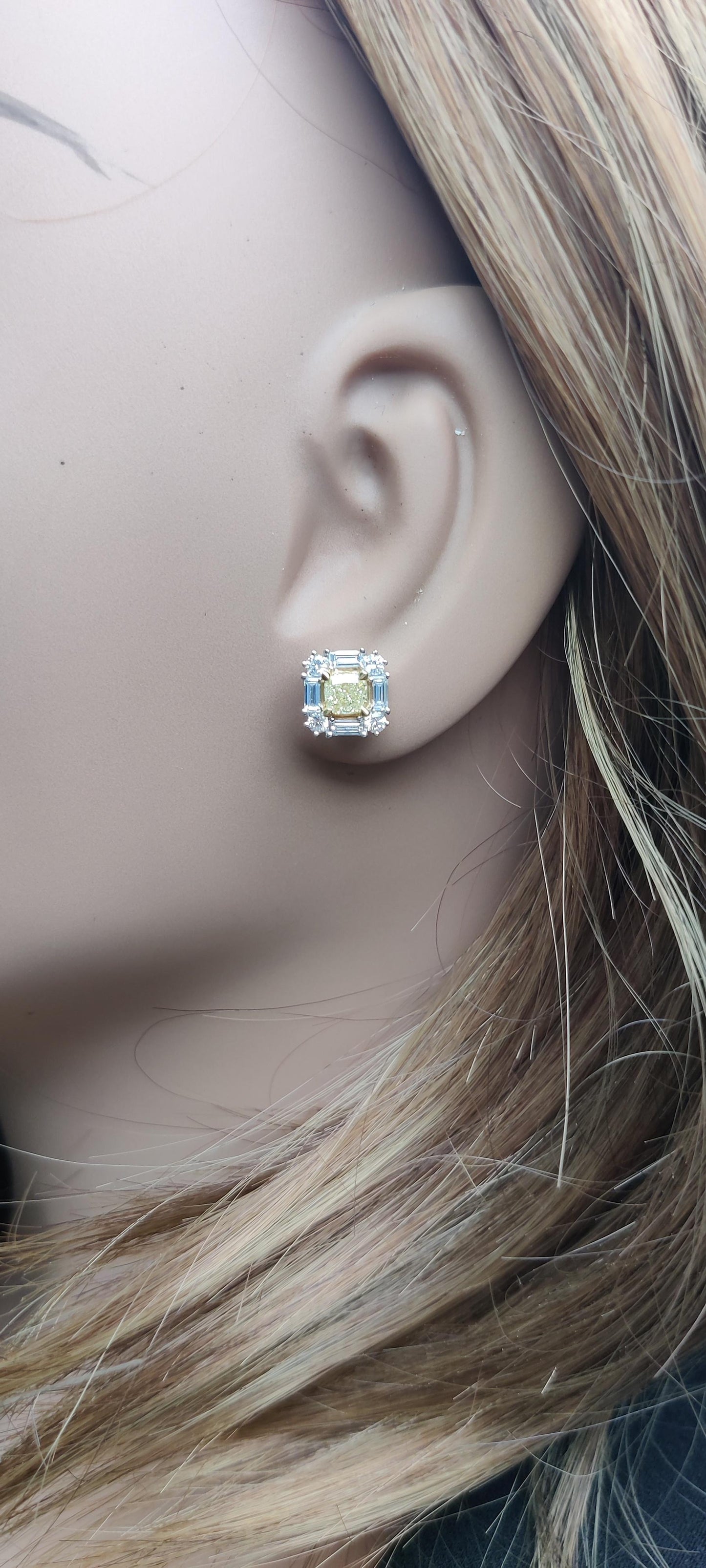 Natural Yellow Cushion Diamond 1.73 Carat TW Gold Stud Earrings