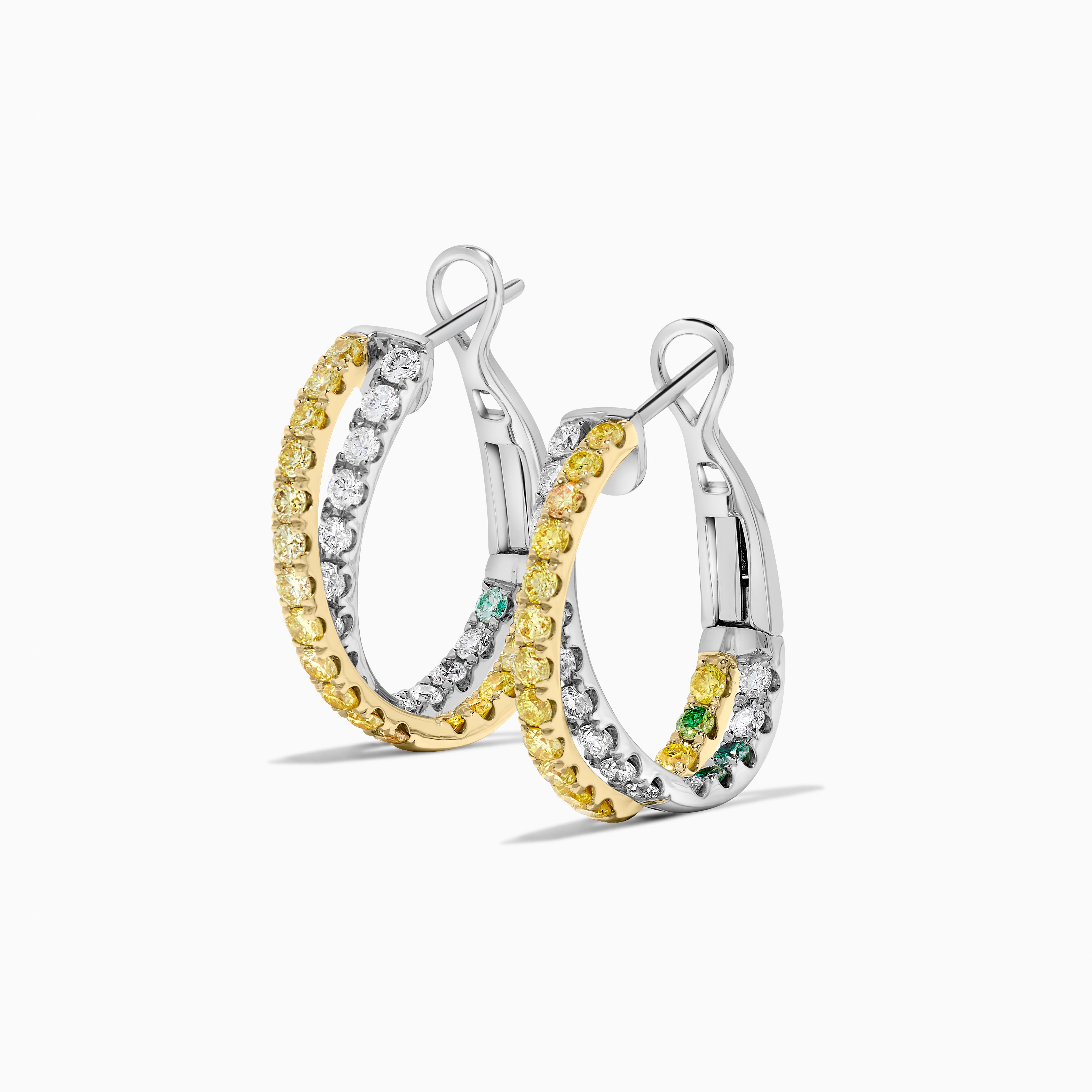Natural Yellow Round and White Diamond 1.74 Carat TW Gold Hoop Earrings