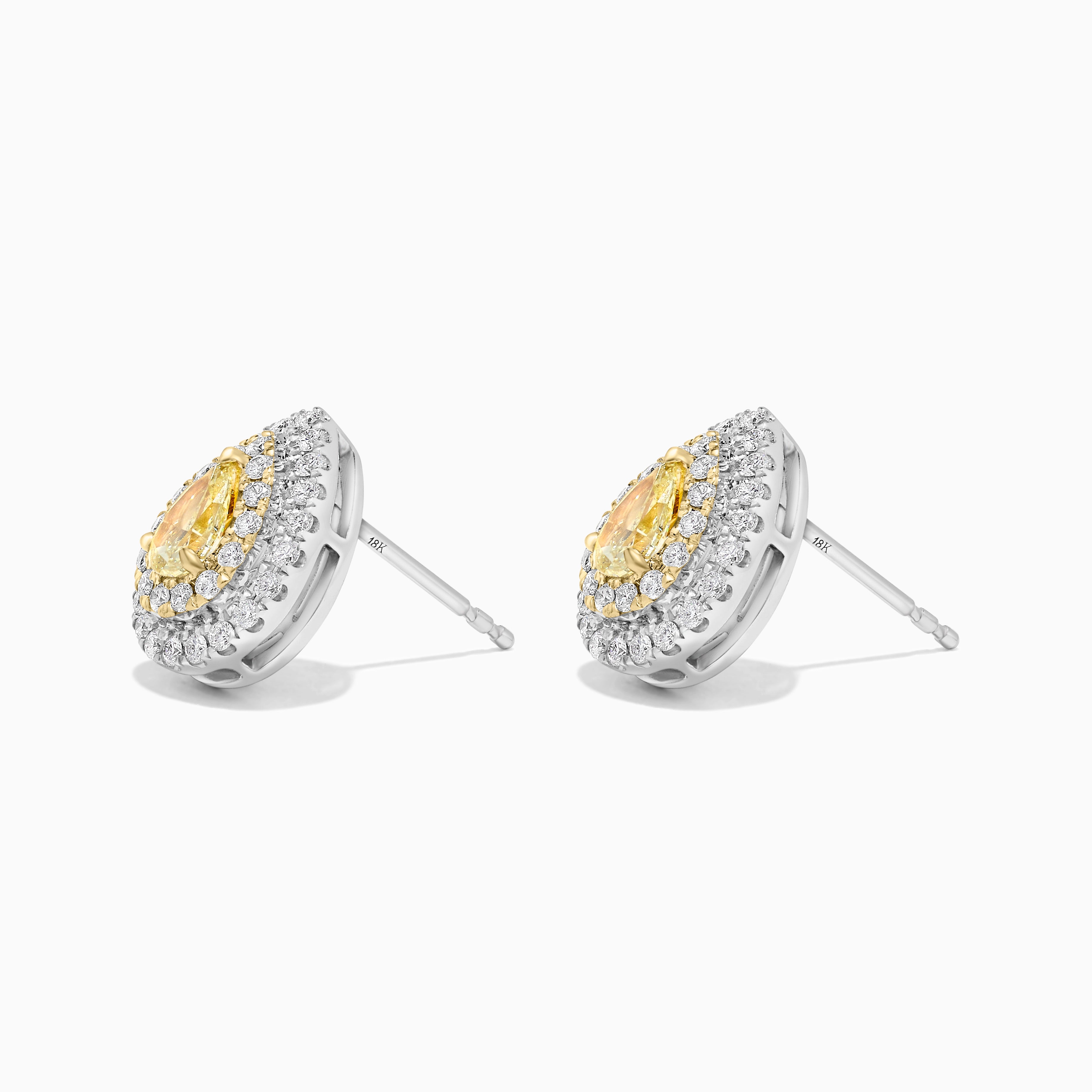 Natural Yellow Pear and White Diamond 1.14 Carat TW Gold Stud Earrings