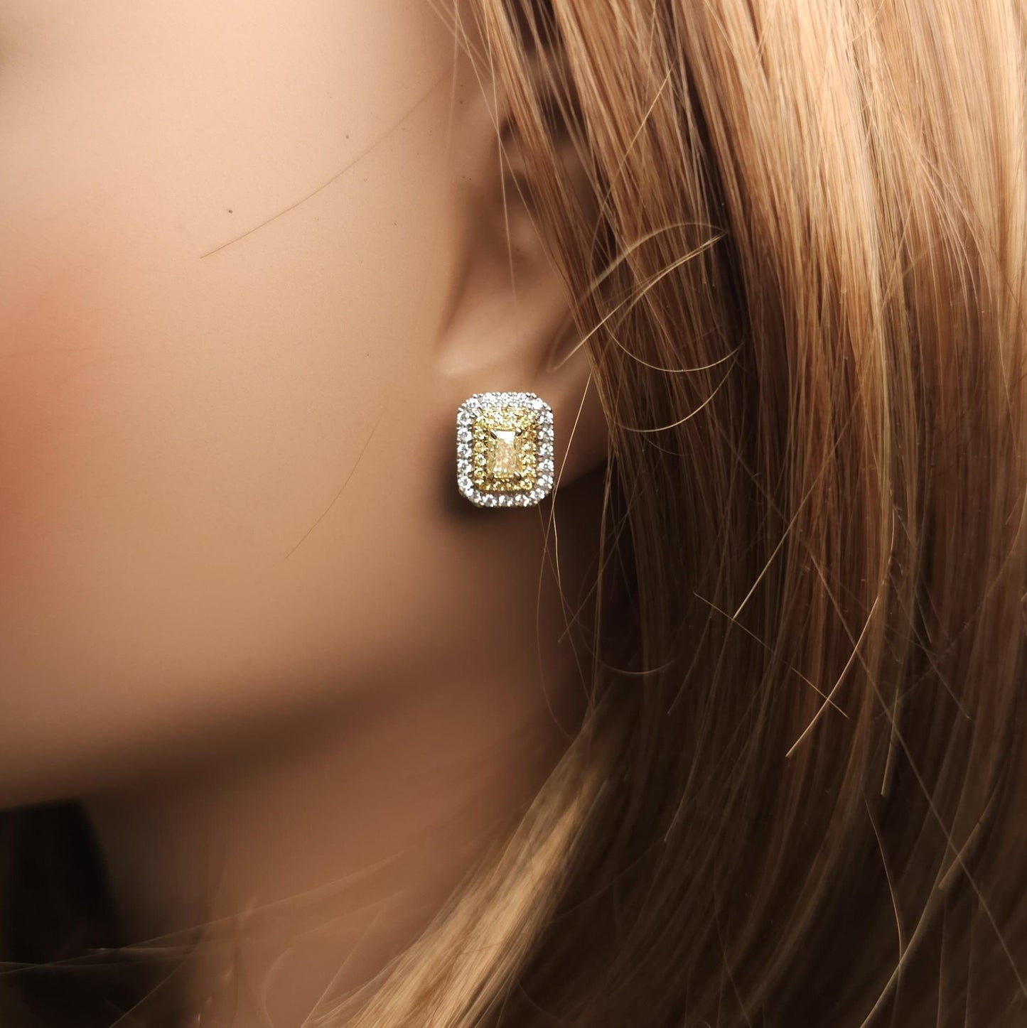 GIA Certified Natural Yellow Radiant Diamond 1.38 Carat TW Gold Stud Earrings