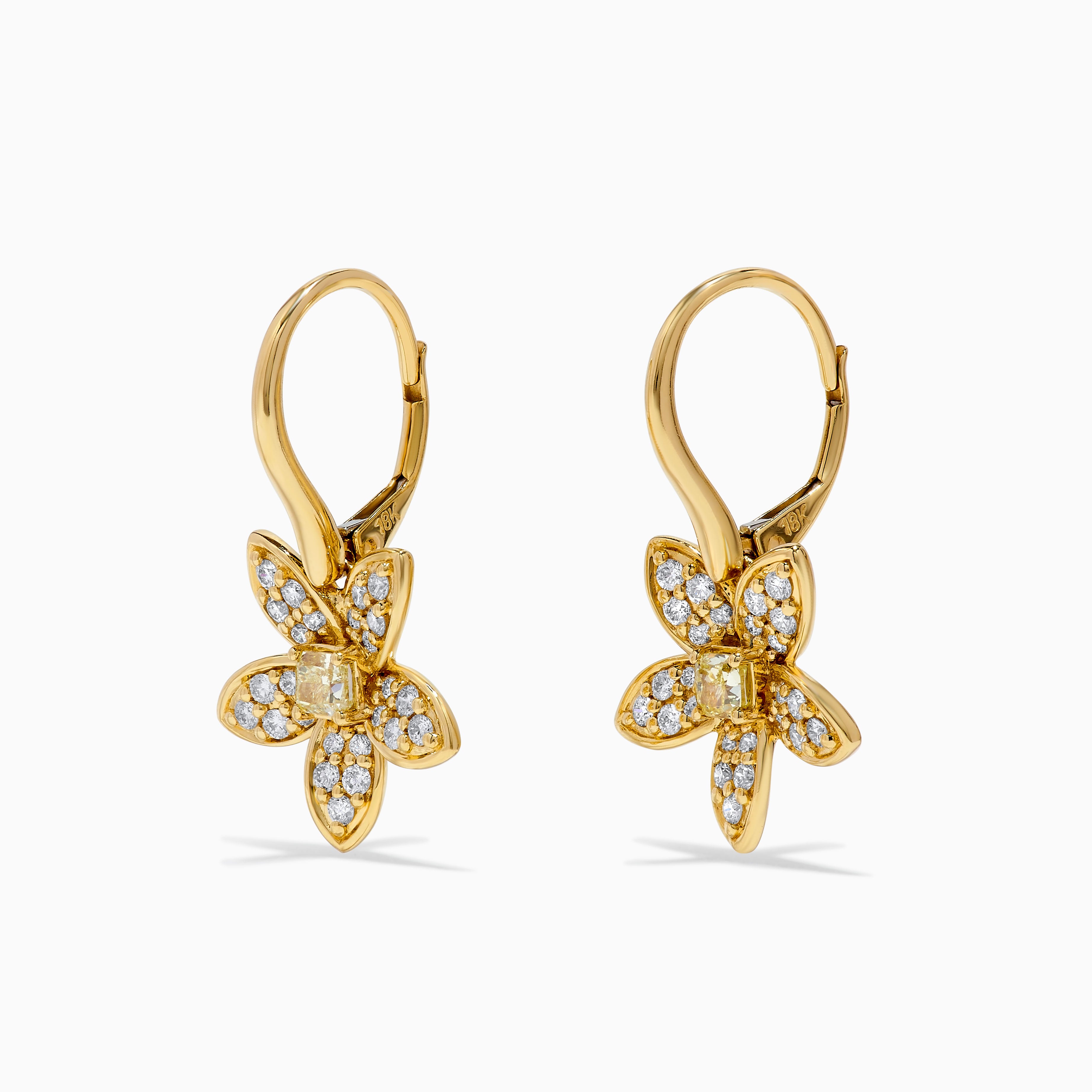 Natural Yellow Cushion and White Diamond .91 Carat TW Yellow Gold Drop Earrings