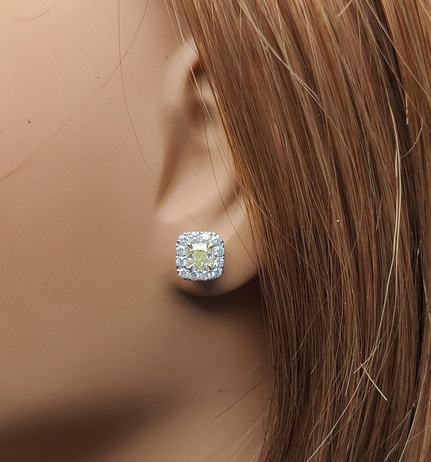 GIA Certified Natural Yellow Radiant Diamond 1.39 Carat TW Gold Stud Earrings