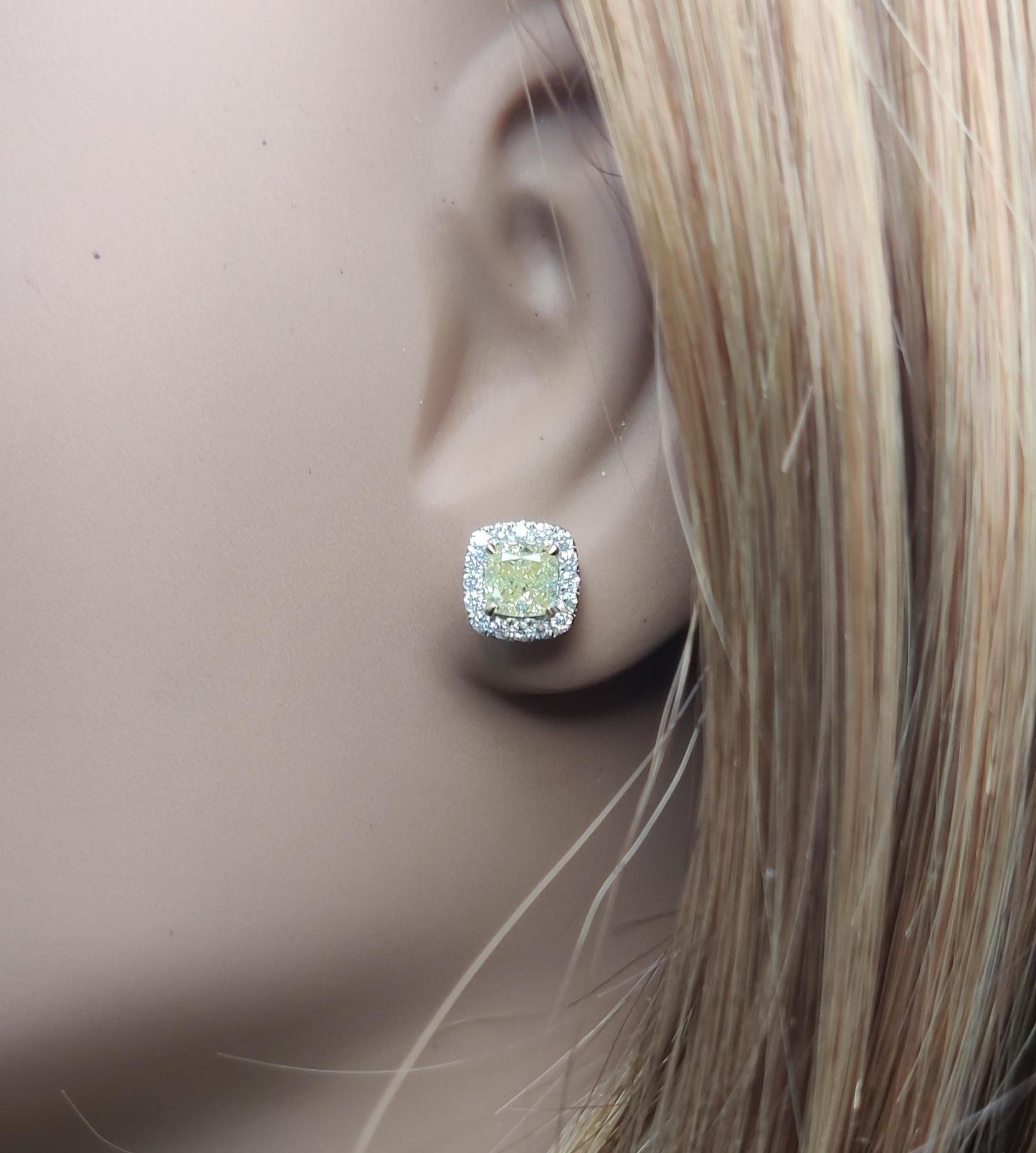 Natural Yellow Cushion Diamond 1.75 Carat TW Gold Stud Earrings