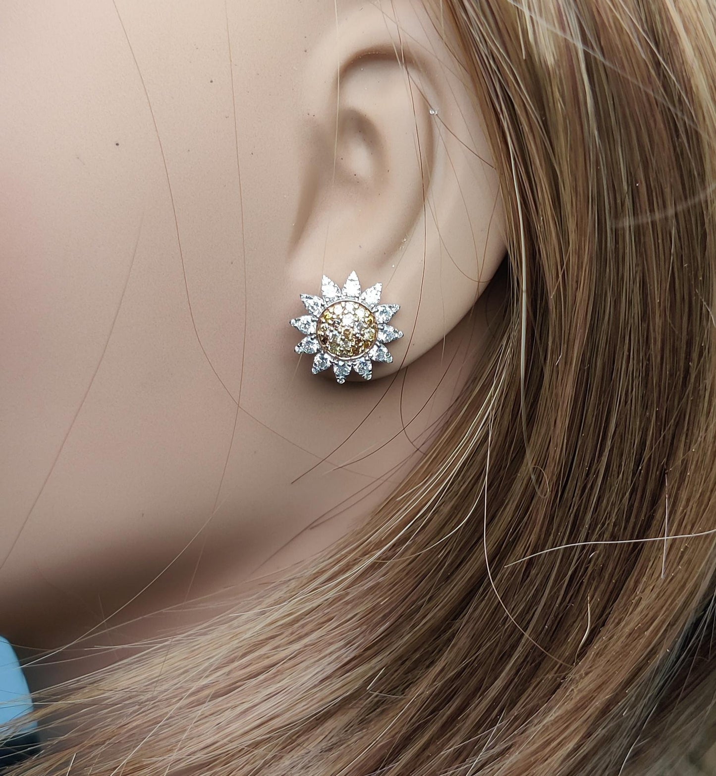 Natural Yellow Round and White Diamond 1.69 Carat TW Gold Stud Earrings