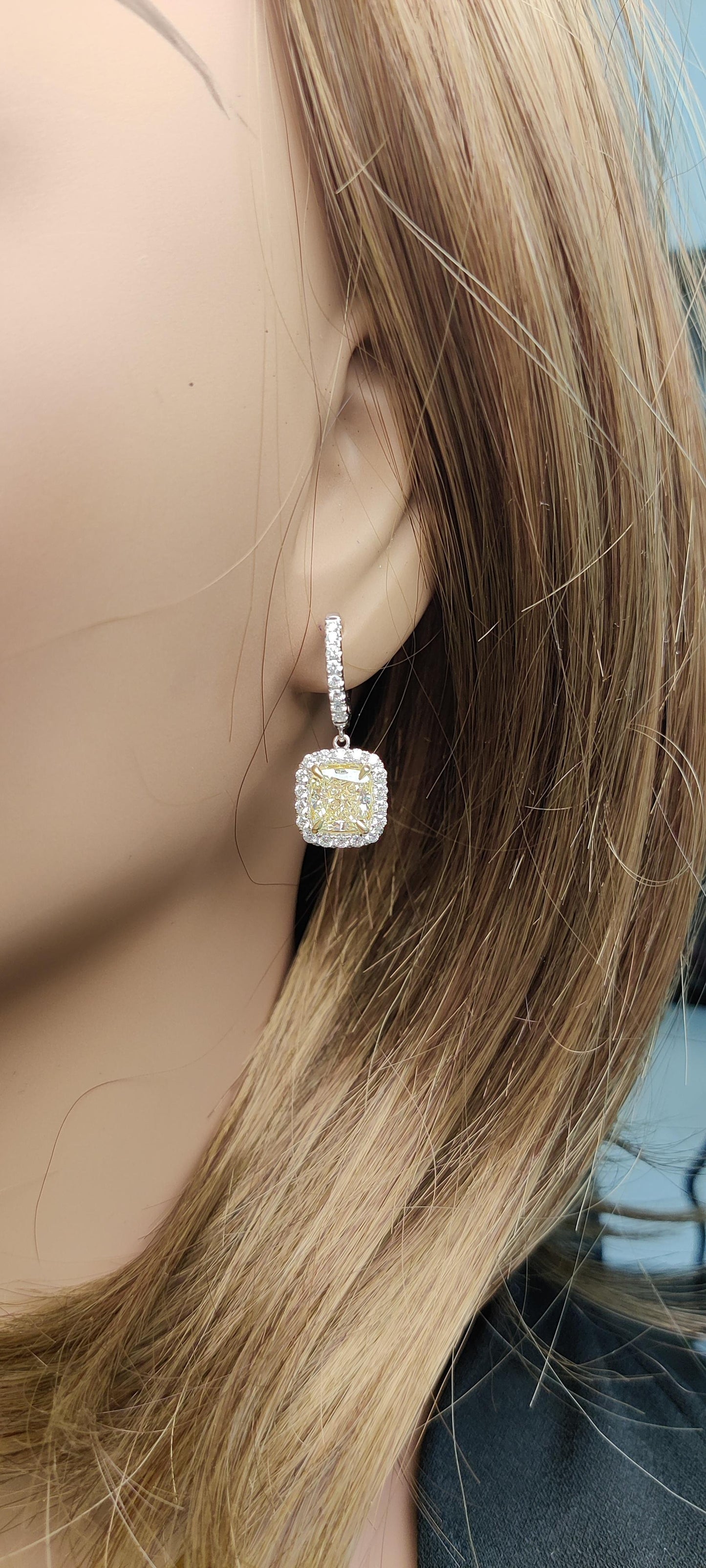GIA Certified Natural Yellow Cushion Diamond 5.24 Carat TW Gold Drop Earrings