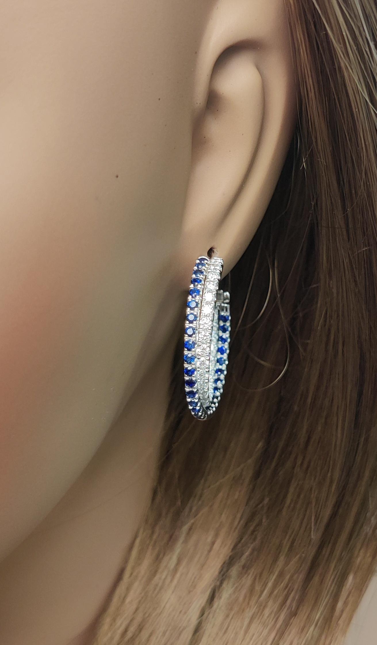 Natural Blue Round Sapphire and White Diamond 3.09 Carat TW Gold Hoop Earrings