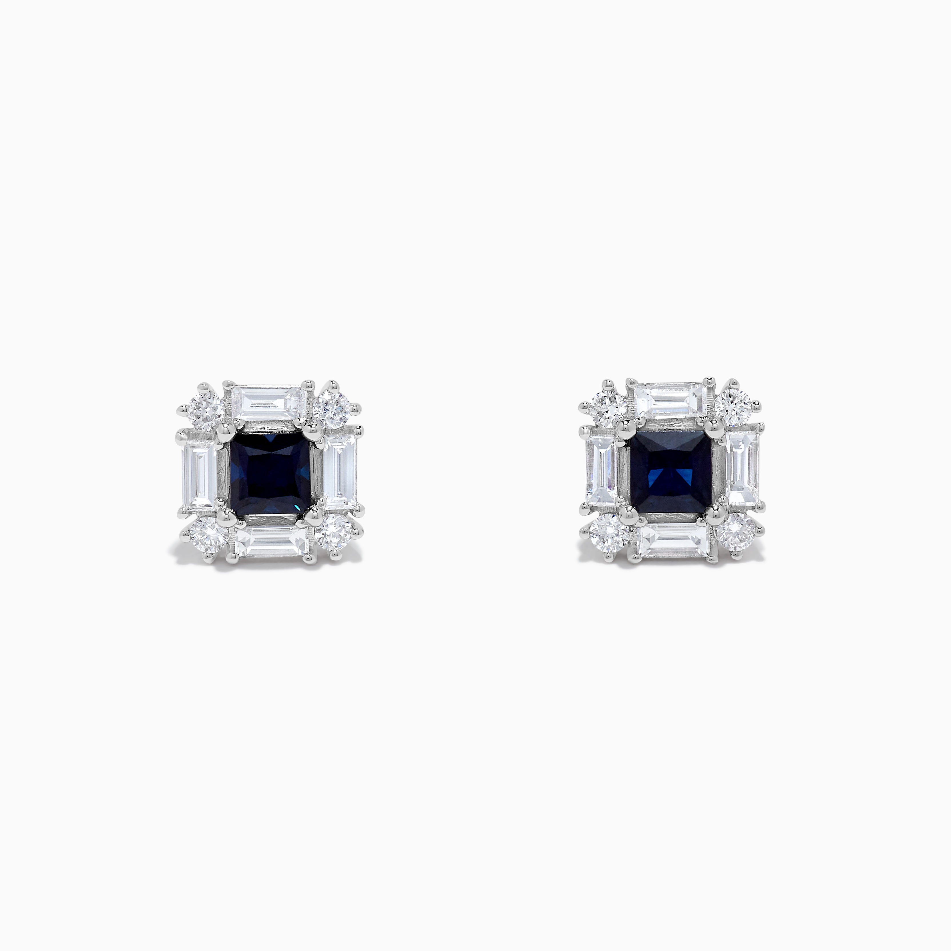 Natural Blue Princess Sapphire and White Diamond 1.4 Carat TW Gold Stud Earrings