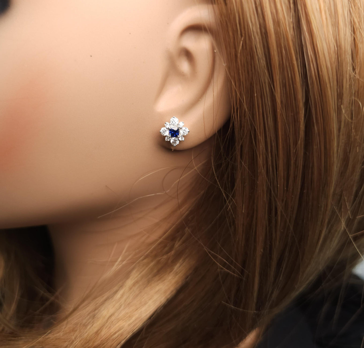 Natural Blue Princess Sapphire and Diamond 1.28 Carat TW Gold Stud Earrings