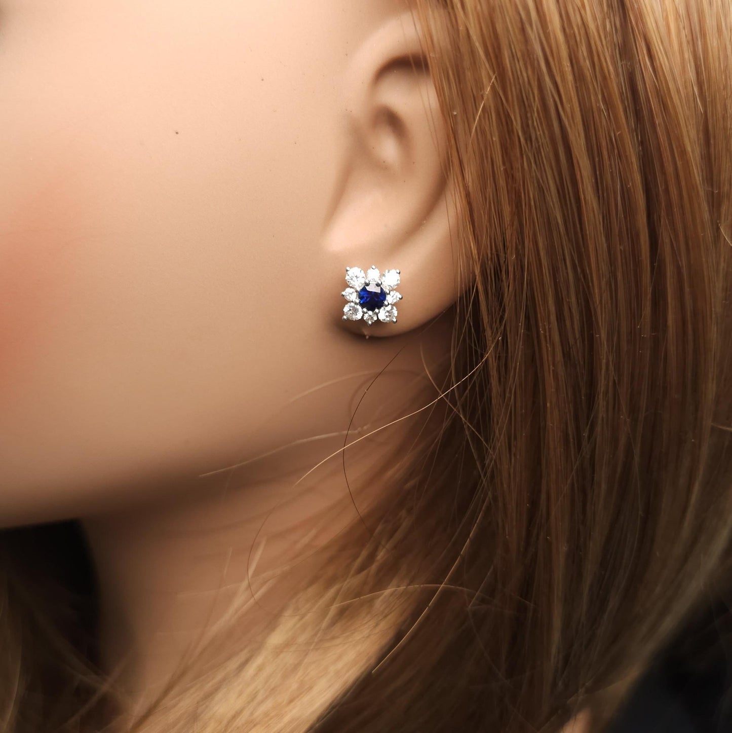 Natural Blue Round Sapphire and Diamond 1.51 Carat TW Gold Stud Earrings