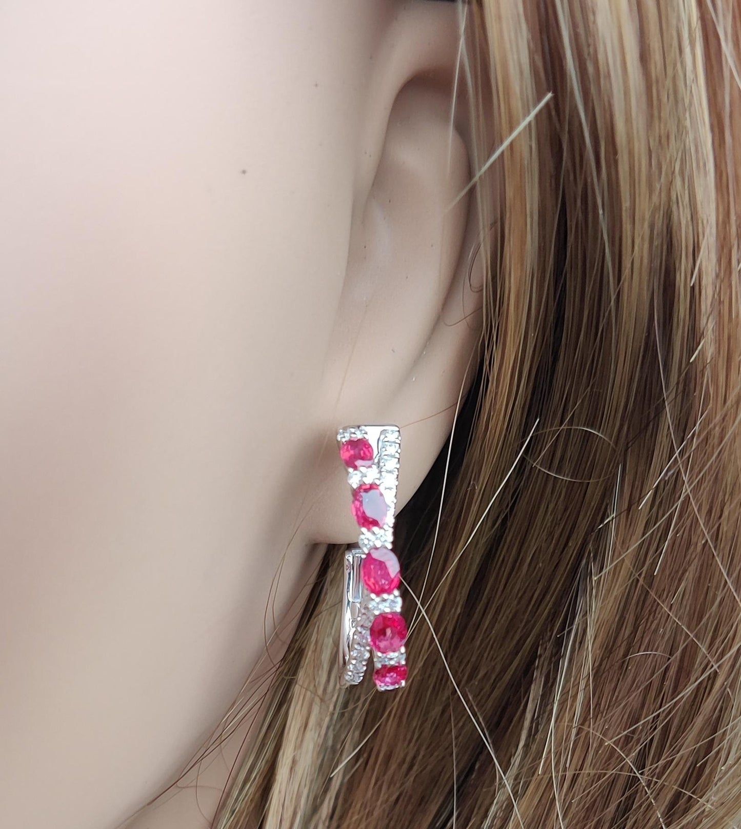 Natural Red Oval Ruby and White Diamond 3.20 Carat TW Gold Hoop Earrings