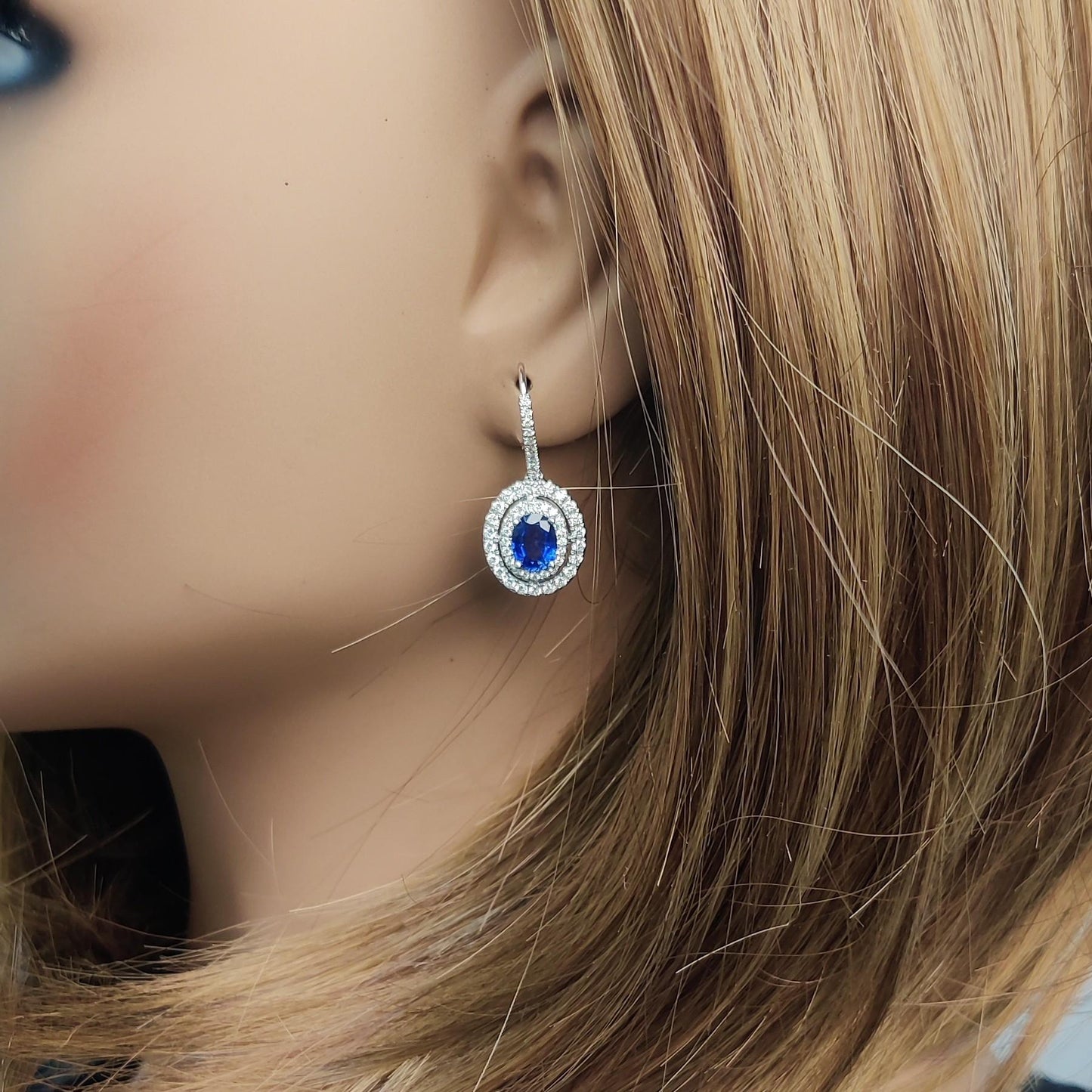 Natural Blue Oval Sapphire and White Diamond 2.97 Carat TW Gold Drop Earrings
