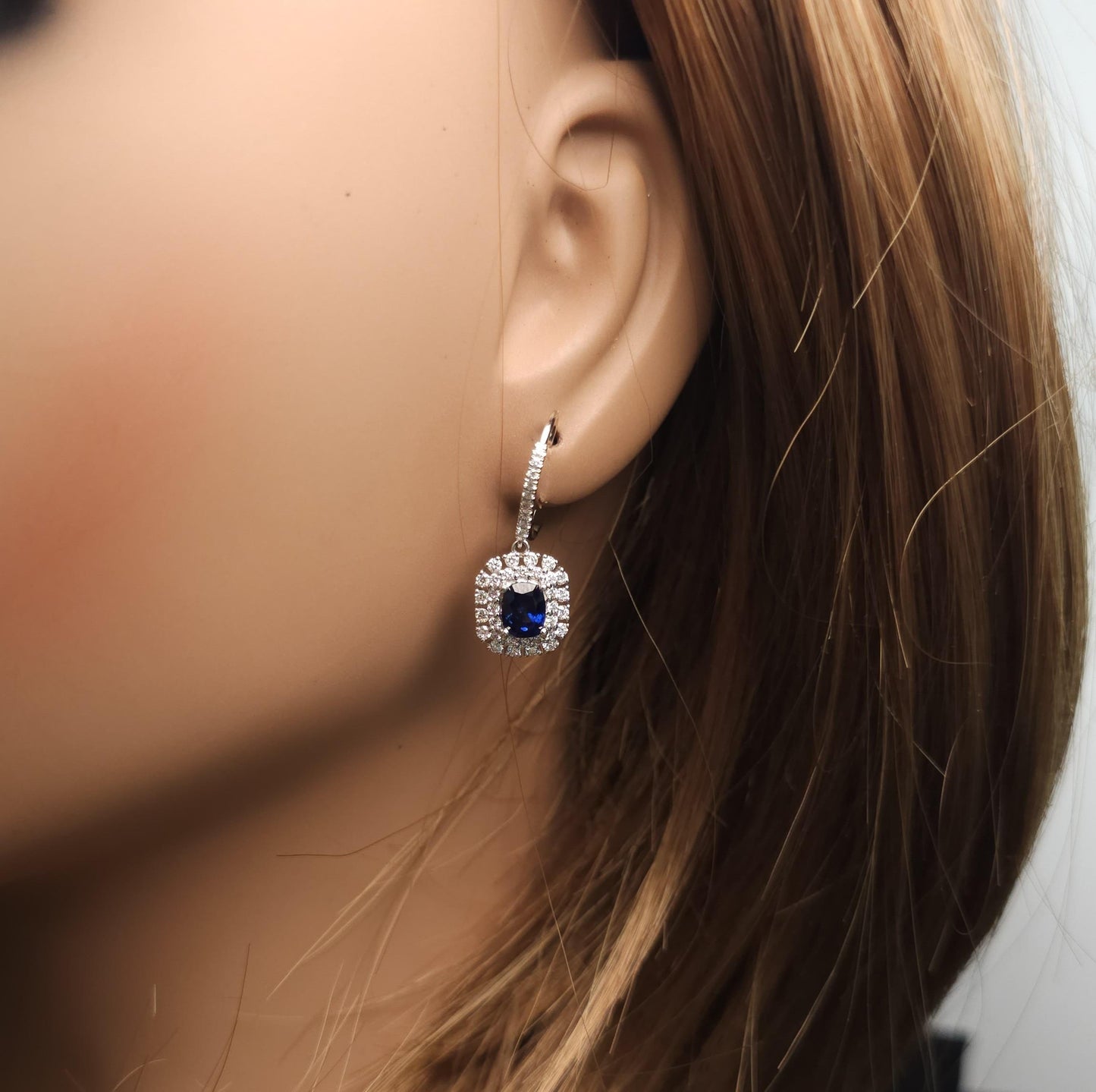 Natural Blue Cushion Sapphire and White Diamond 2.53 Carat TW Gold Drop Earrings