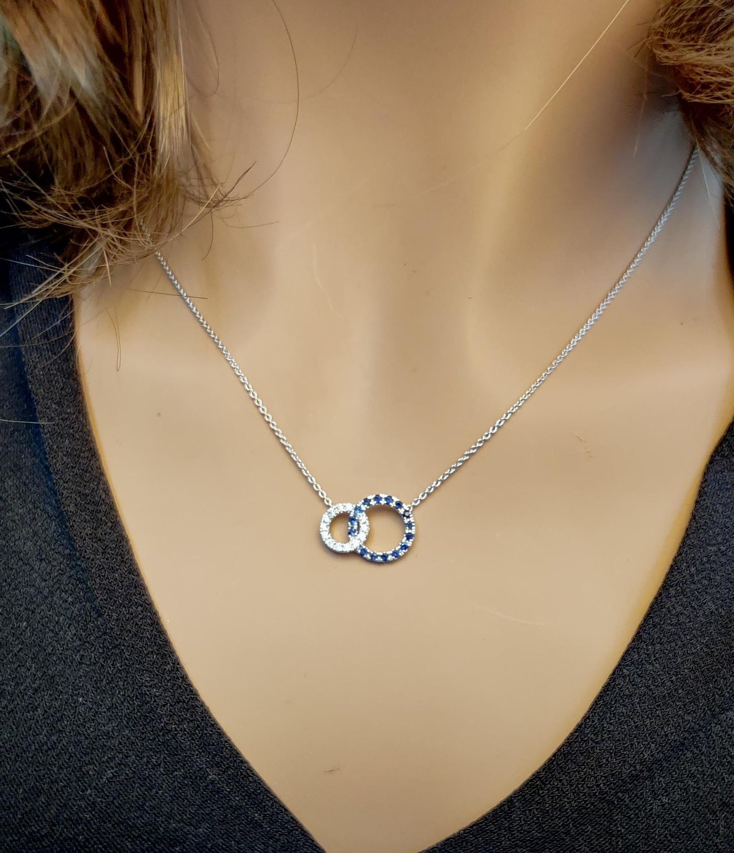 Natural Blue Round Sapphire and White Diamond 0.36 Carat TW White Gold Necklace