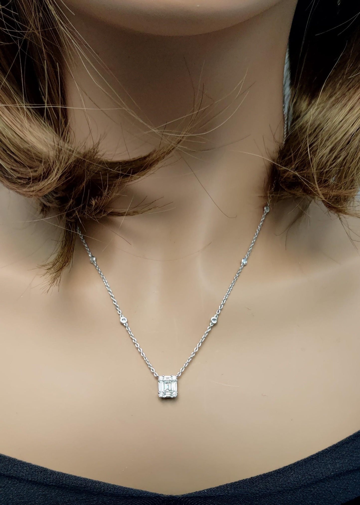 Natural White Baguette Diamond 0.85 Carat TW White Gold Drop Necklace