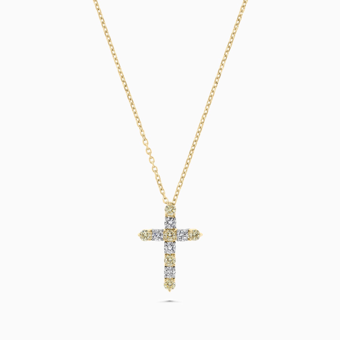Natural Yellow Round and White Diamond .90 Carat TW Gold Cross Pendant