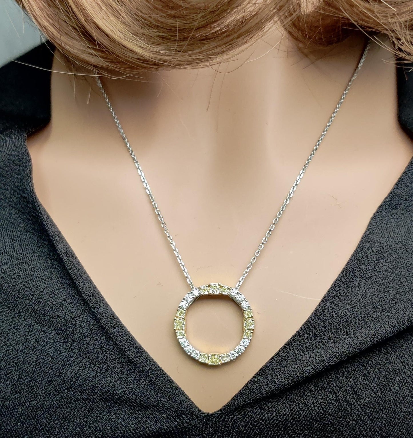 Natural Yellow Radiant and White Diamond 1.59 Carat TW Gold Circle Pendant
