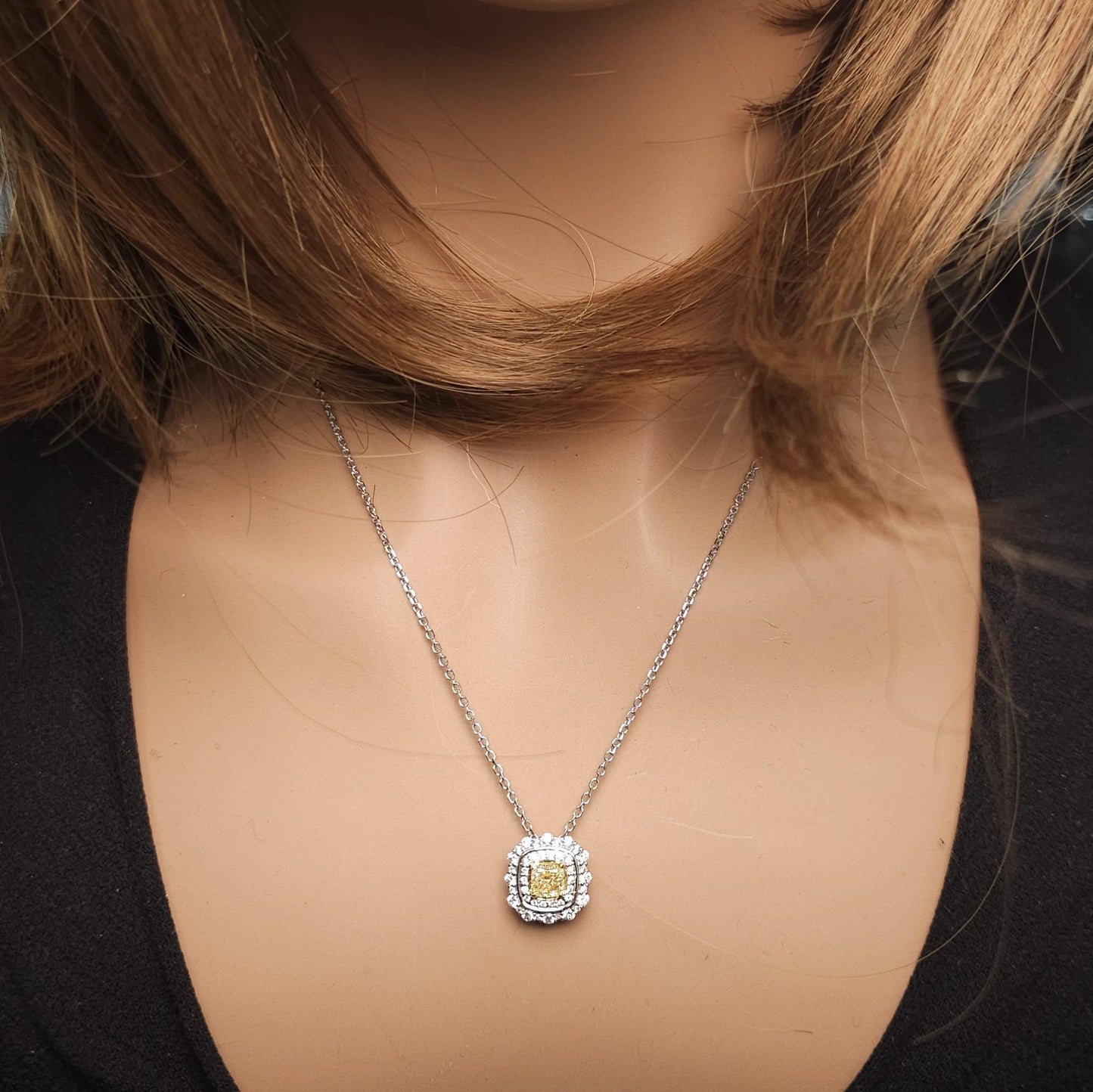 Natural Yellow Cushion and White Diamond 1.07 Carat TW Gold Drop Pendant