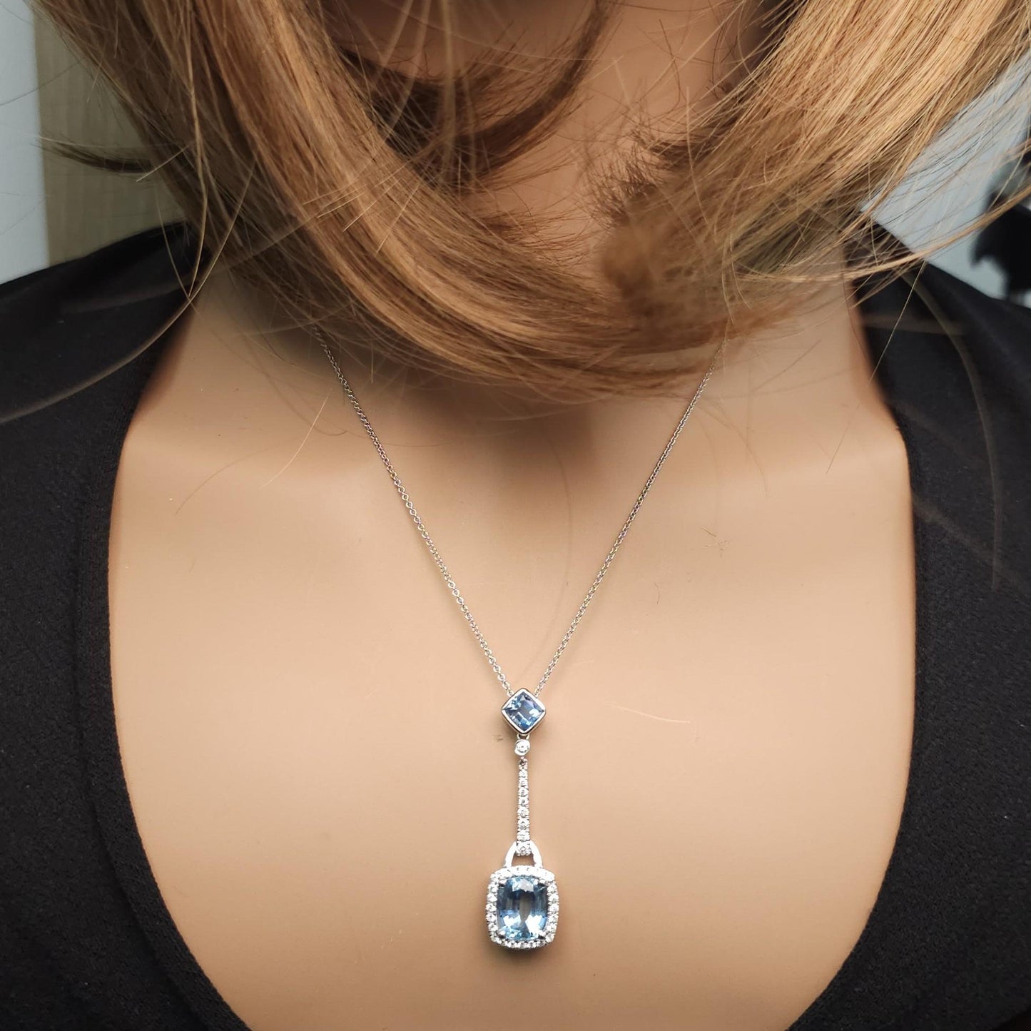 Natural Aquamarine Cushion Diamond 3.35 Carat TW Gold Drop Pendant