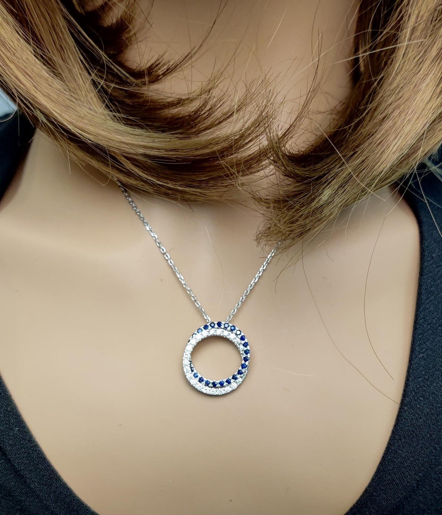 Natural Blue Round Sapphire and White Diamond 1.41 Carat TW Gold Drop Pendant