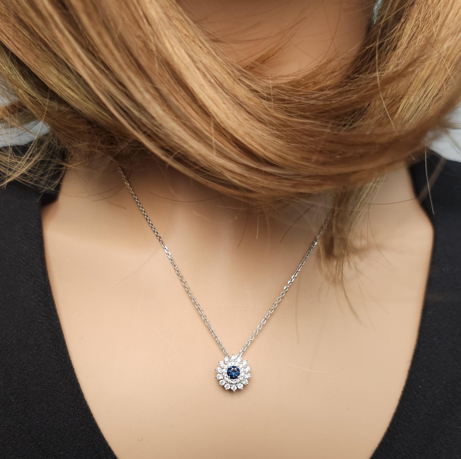 Natural Blue Round Sapphire and White Diamond 0.72 Carat TW Gold Drop Pendant