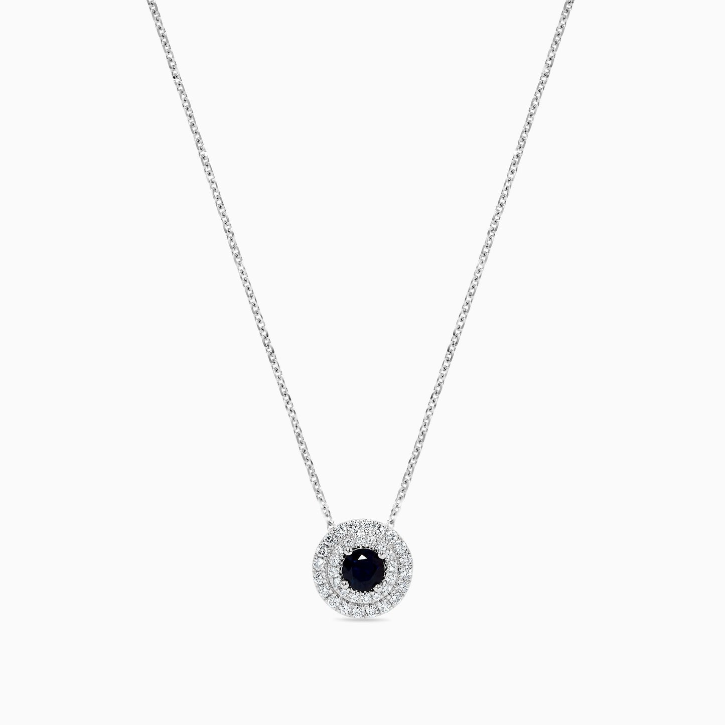Natural Blue Round Sapphire and White Diamond .52 Carat TW Gold Drop Pendant