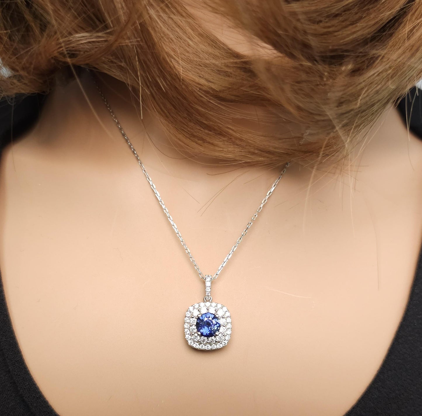 Natural Blue Round Sapphire and White Diamond 2.54 Carat TW Gold Drop Pendant