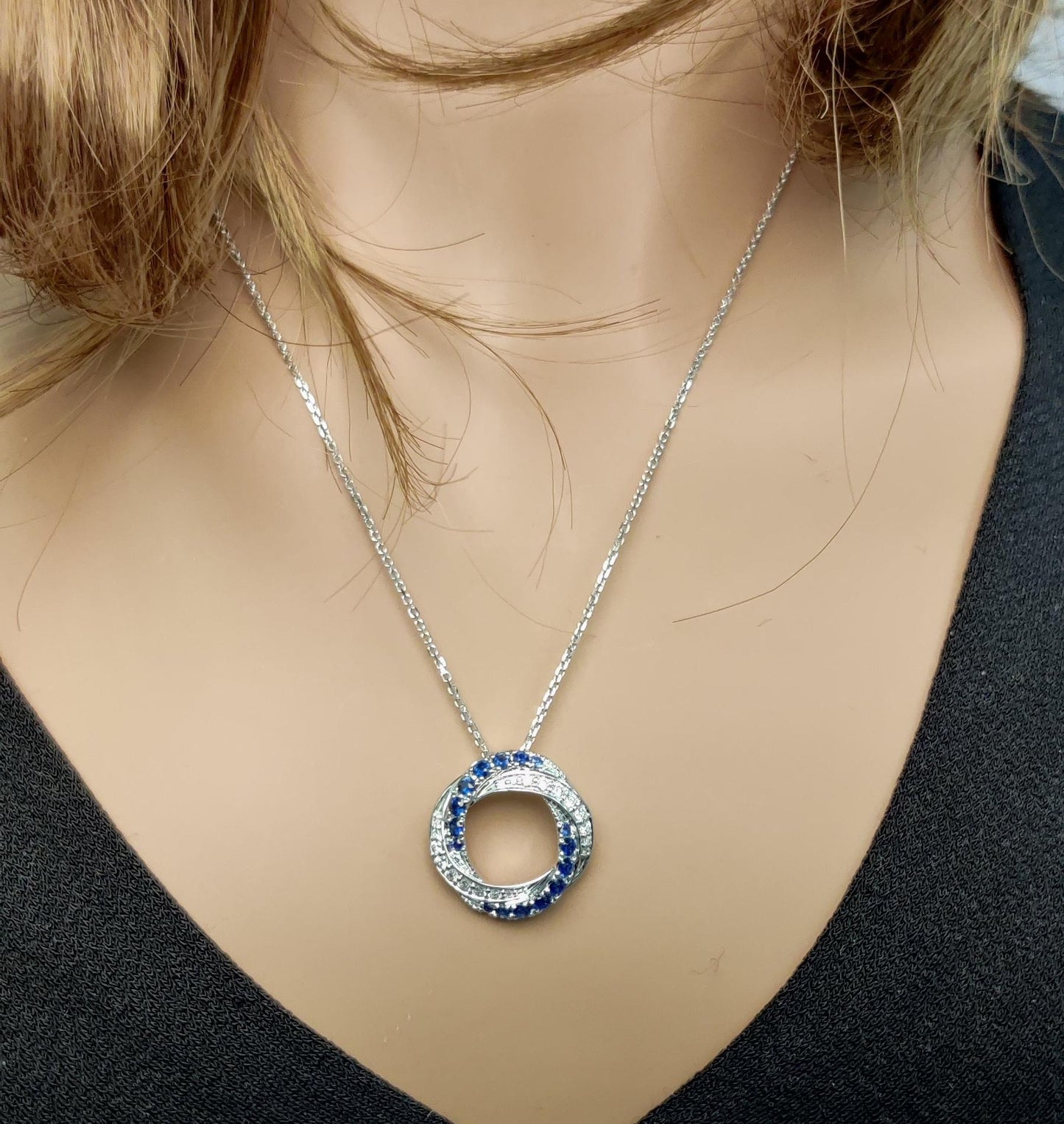 Natural Blue Round Sapphire and White Diamond 0.78 Carat TW Gold Drop Pendant