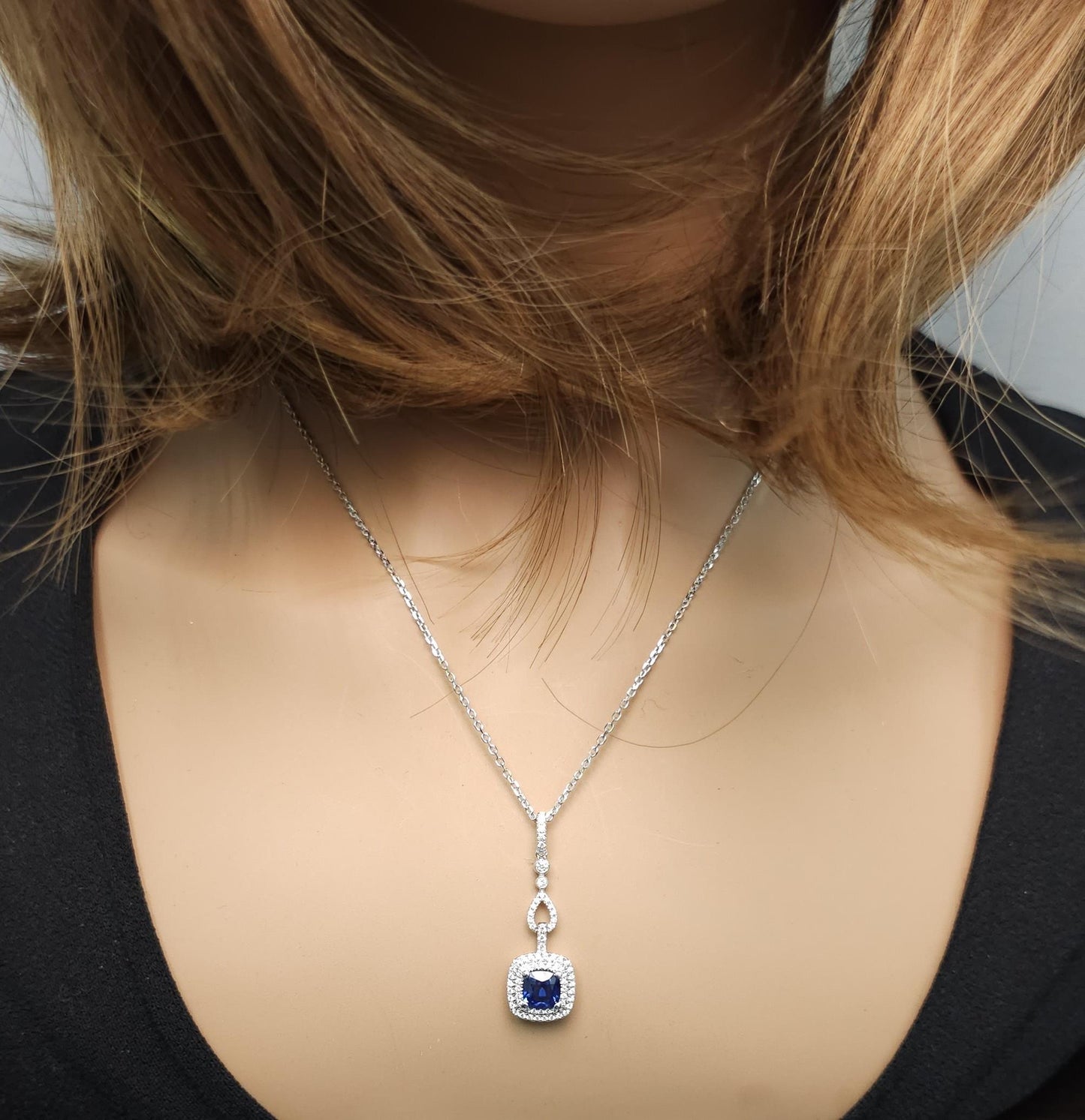 Natural Blue Cushion Sapphire and White Diamond 1.23 Carat TW White Gold Pendant