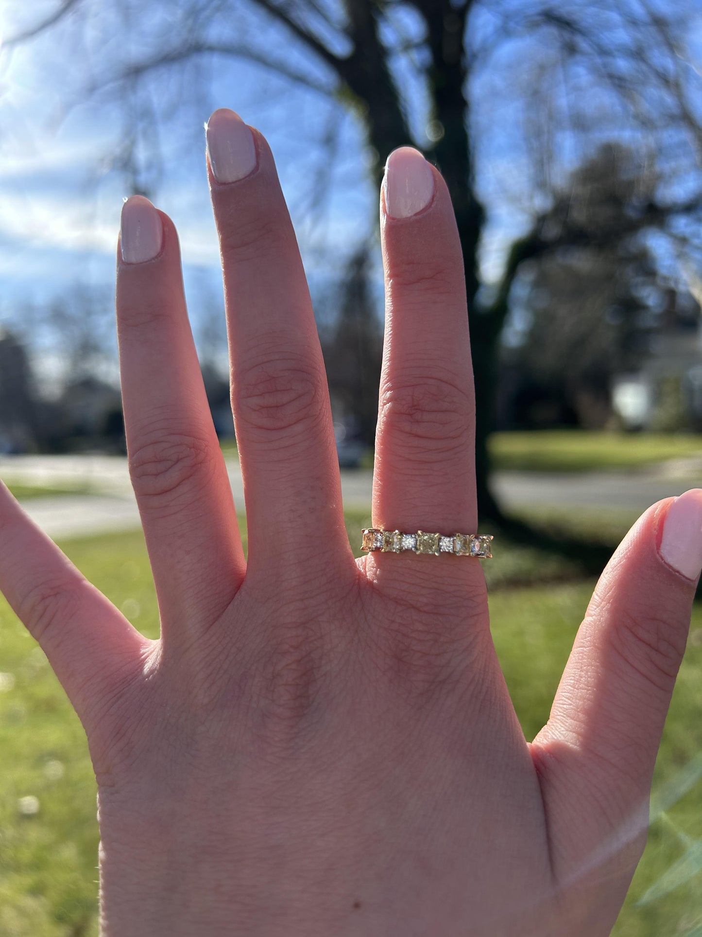 Natural Yellow Radiant and White Diamond 1.26 Carat TW Gold Wedding Band