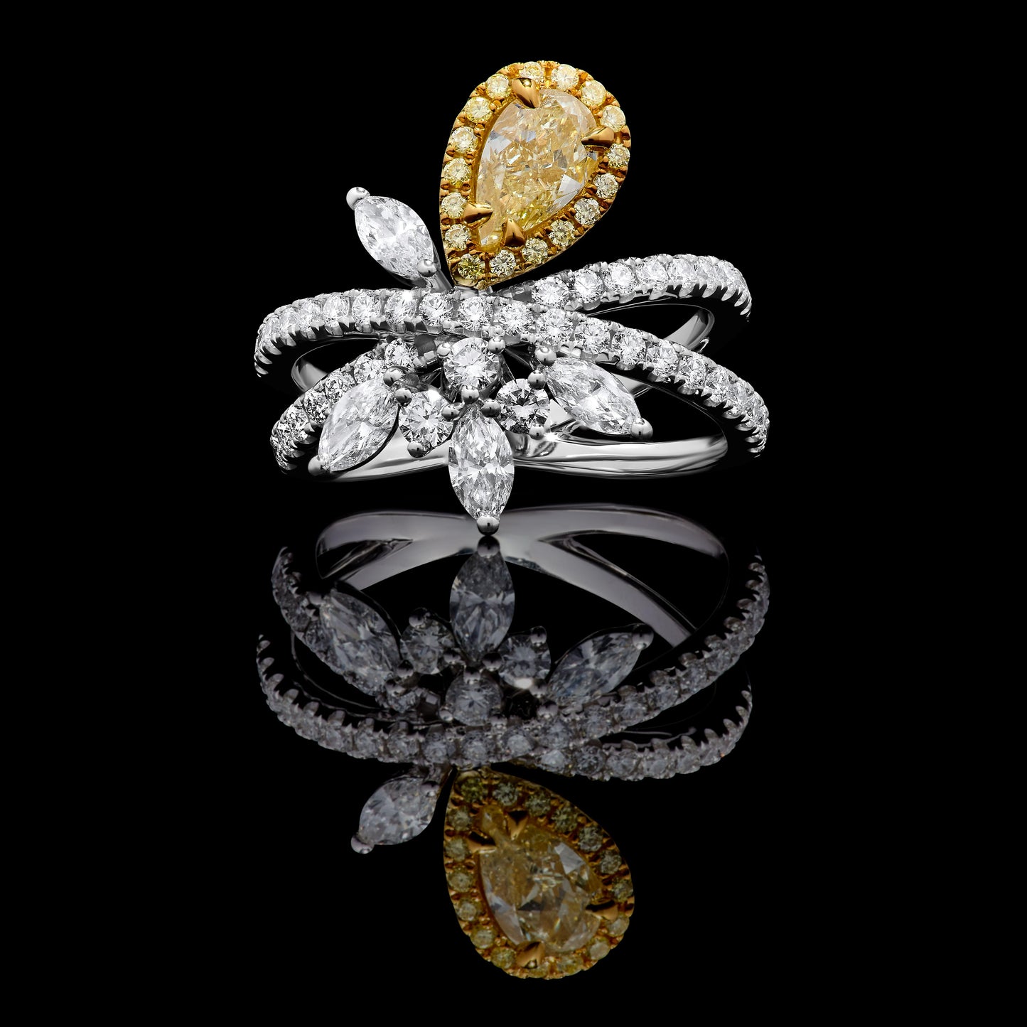 GIA Certified Natural Yellow Pear Diamond 2.06 Carat TW Gold Cocktail Ring