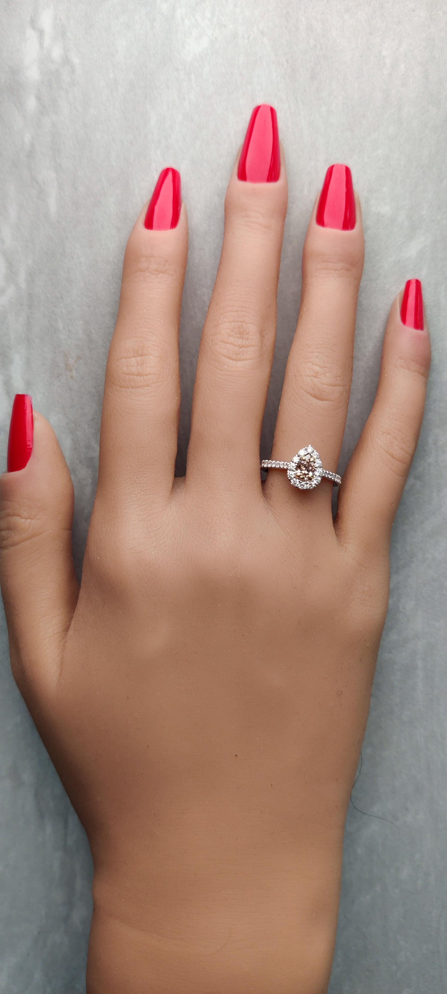 GIA Certified Natural Brown Pear Diamond 0.89 Carat TW Gold Cocktail Ring
