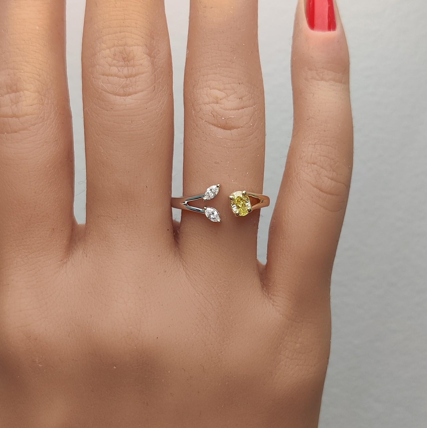 Natural Yellow Oval and White Diamond 0.44 Carat TW Gold Cocktail Ring