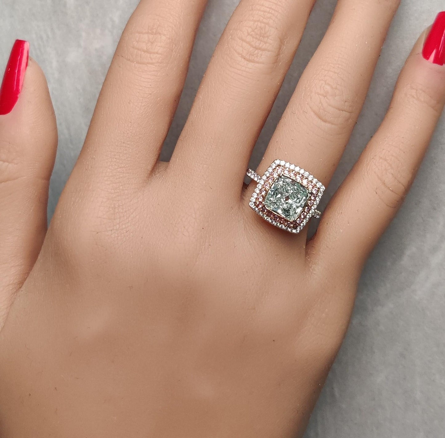 GIA Certified Natural Green Cushion Diamond 2.87 Carat TW Gold Cocktail Ring