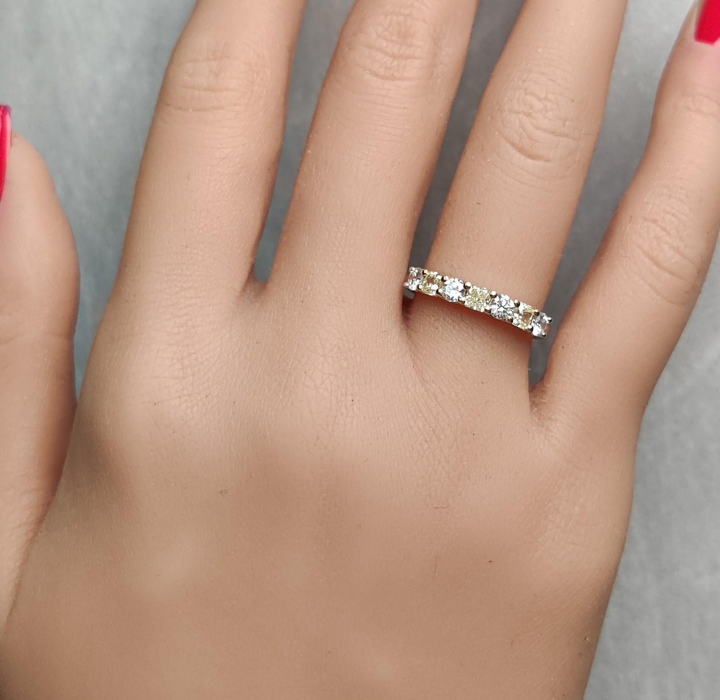 Natural Yellow Radiant and White Diamond .93 Carat TW Gold Wedding Band