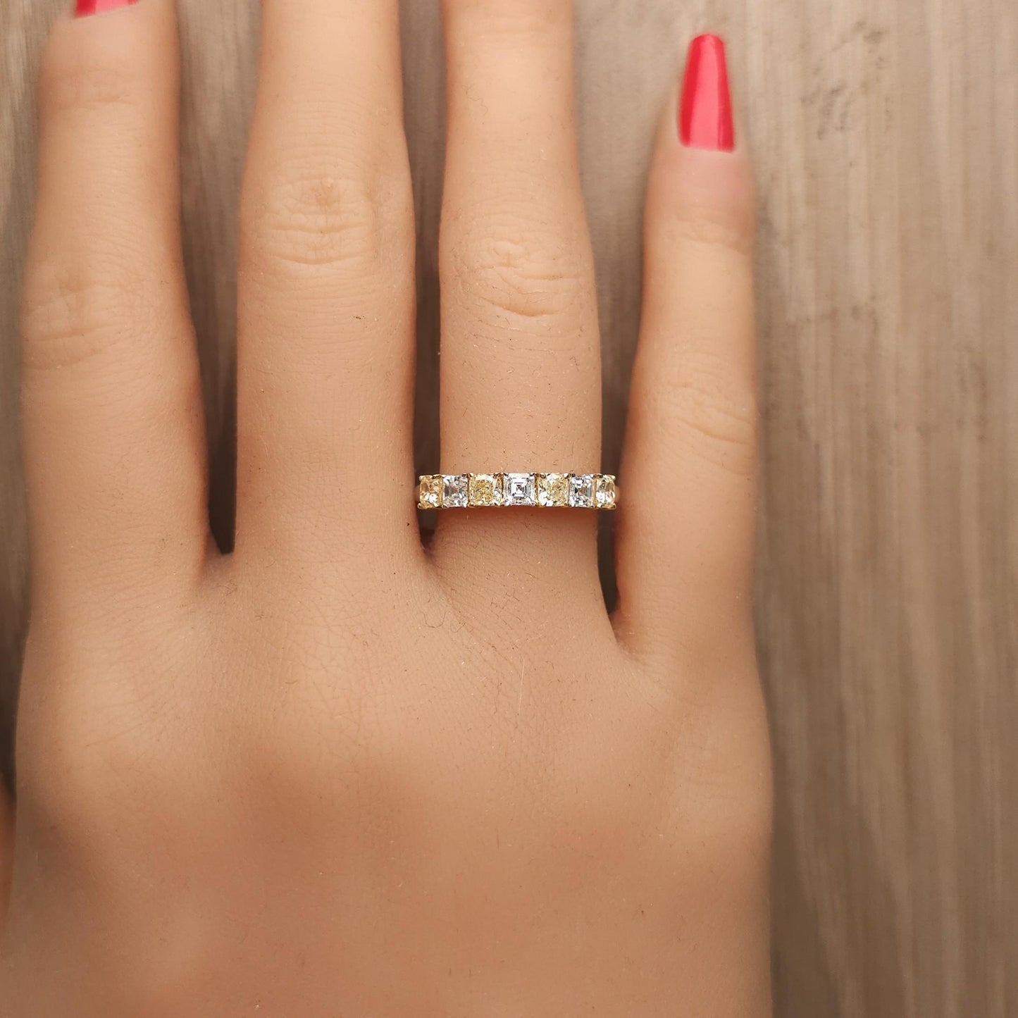 Natural Yellow Cushion and White Emerald Diamond 1.17 Carat TW Cocktail Band
