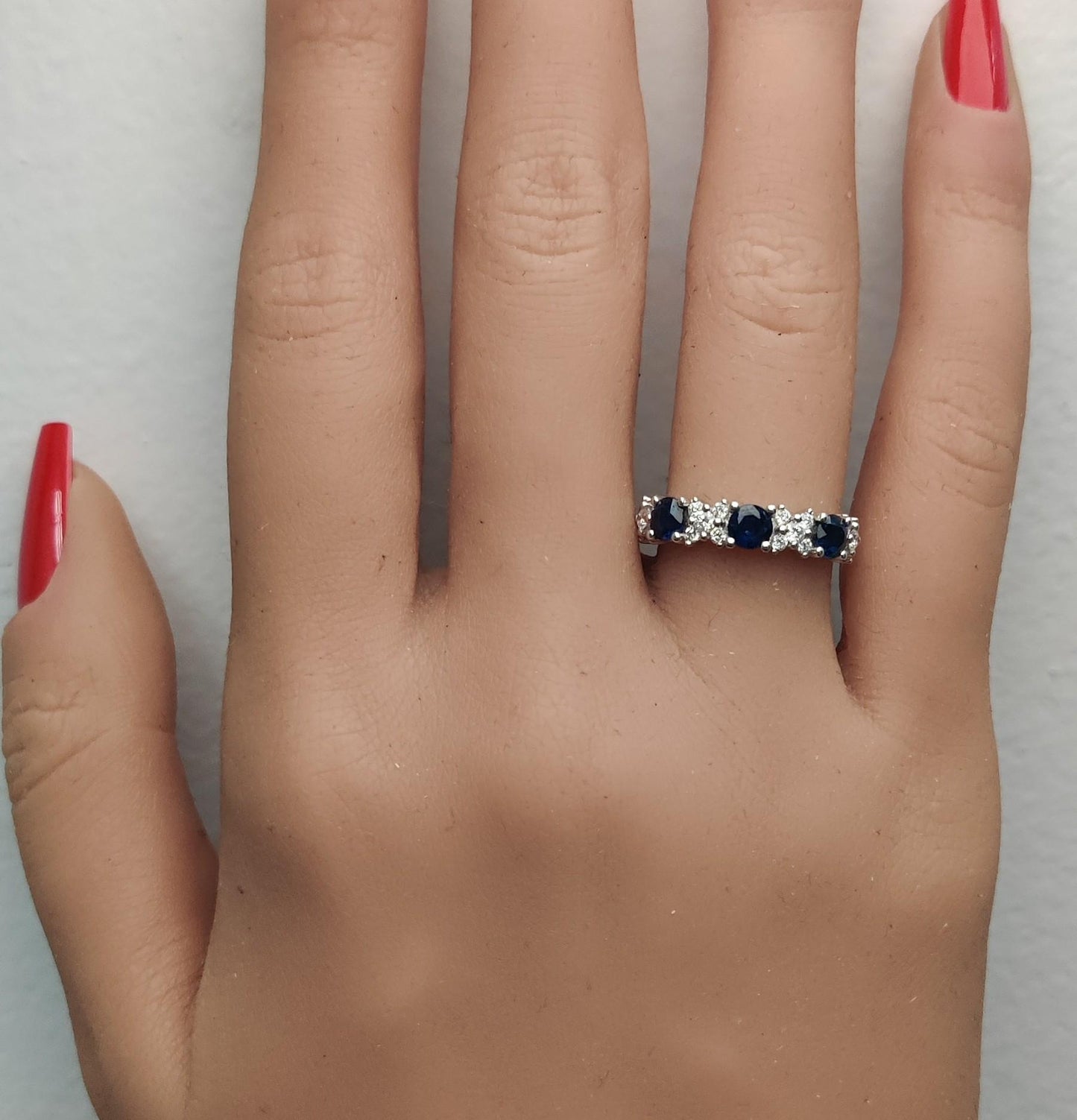 Natural Blue Round Sapphire and White Diamond 1.35 Carat TW Gold Cocktail Band