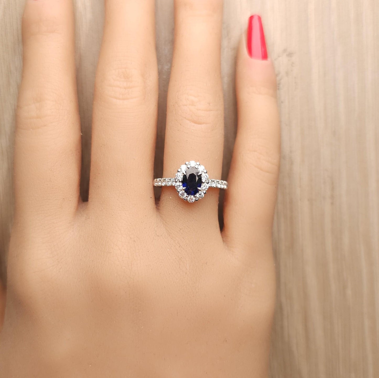 Natural Blue Oval Sapphire and White Diamond 1.59 Carat TW Gold Cocktail Ring