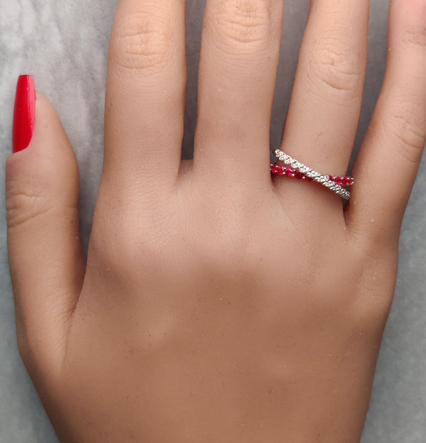 Natural Red Round Ruby and White Diamond .62 Carat TW Gold Wedding Band