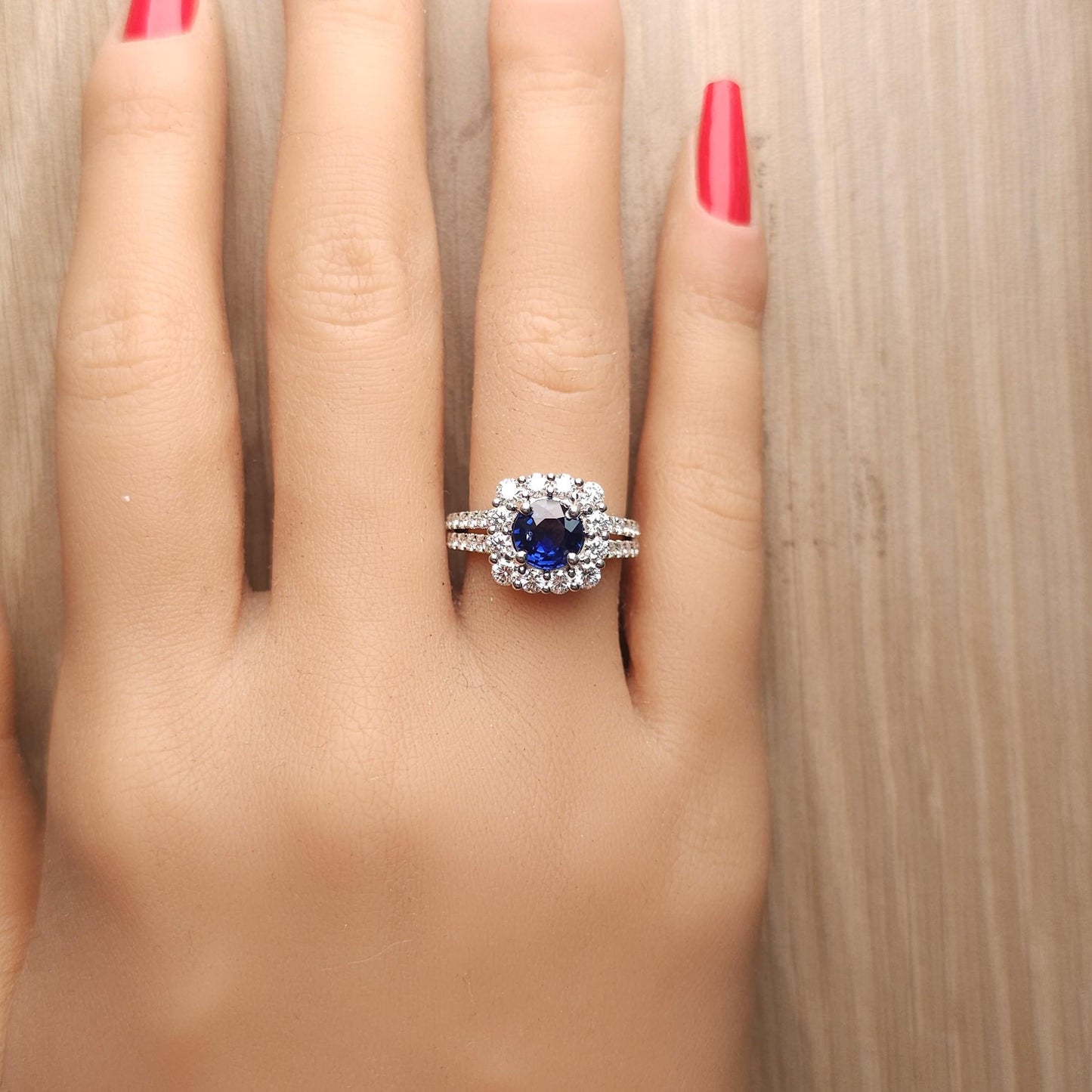 Natural Blue Round Sapphire and White Diamond 2.71 Carat TW White Gold Ring