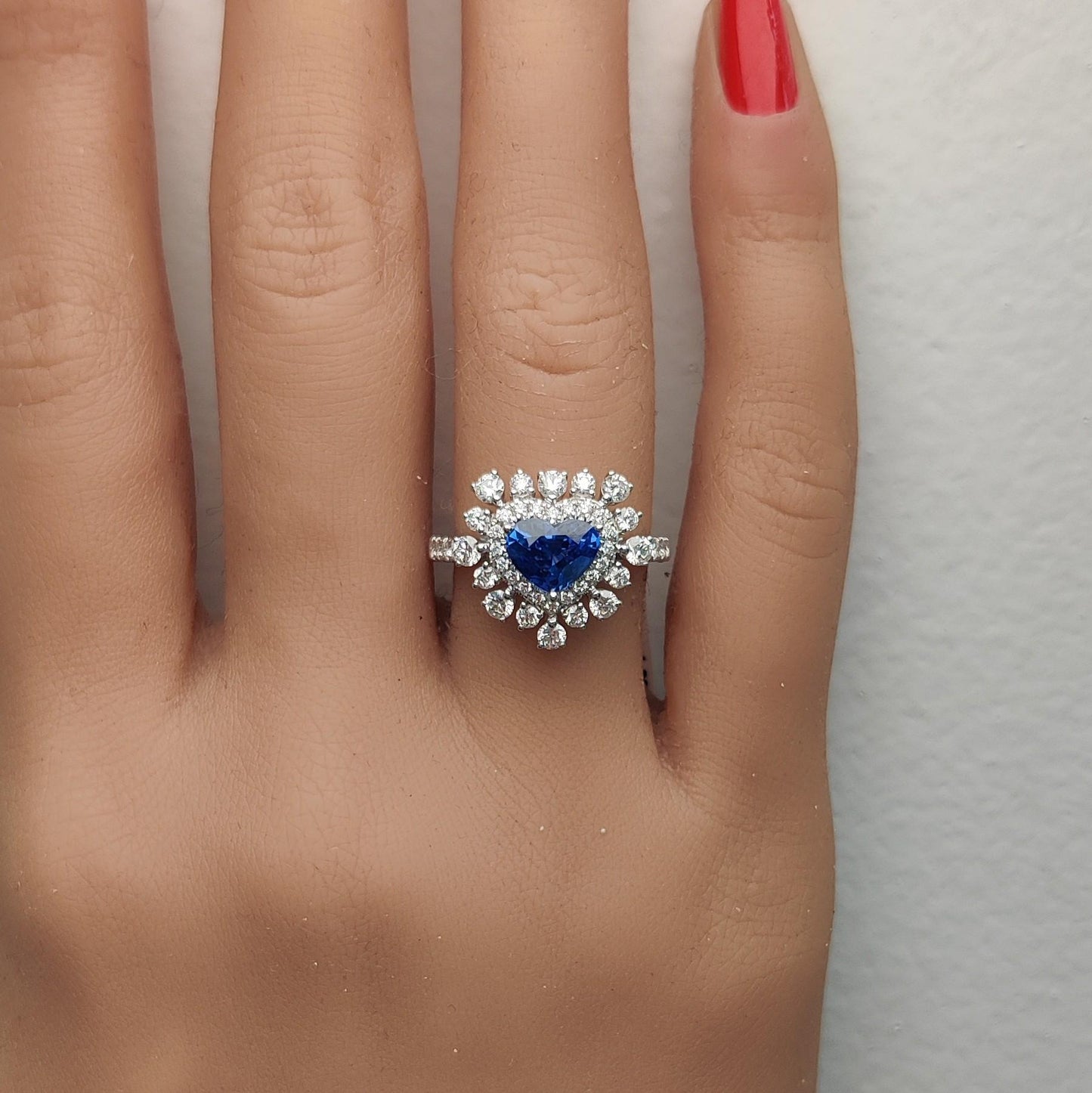 Natural Blue Heart Sapphire and White Diamond 2.36 Carat TW Gold Cocktail Ring