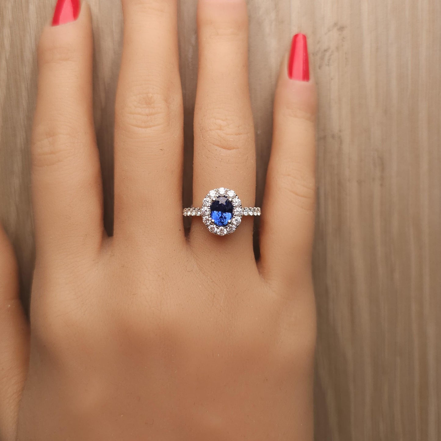 Natural Blue Oval Sapphire and White Diamond 2.02 Carat TW Gold Cocktail Ring