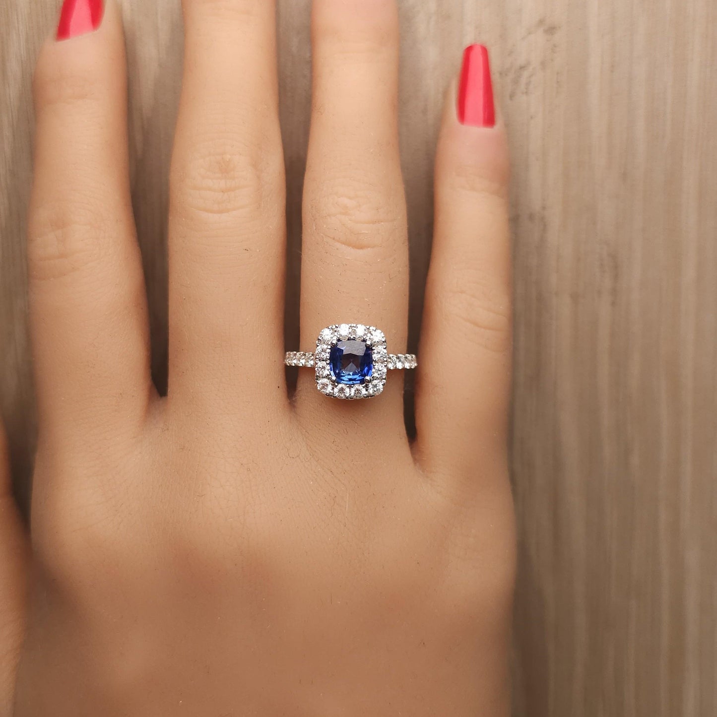 Natural Blue Cushion Sapphire and White Diamond 1.99 Carat TW Gold Cocktail Ring