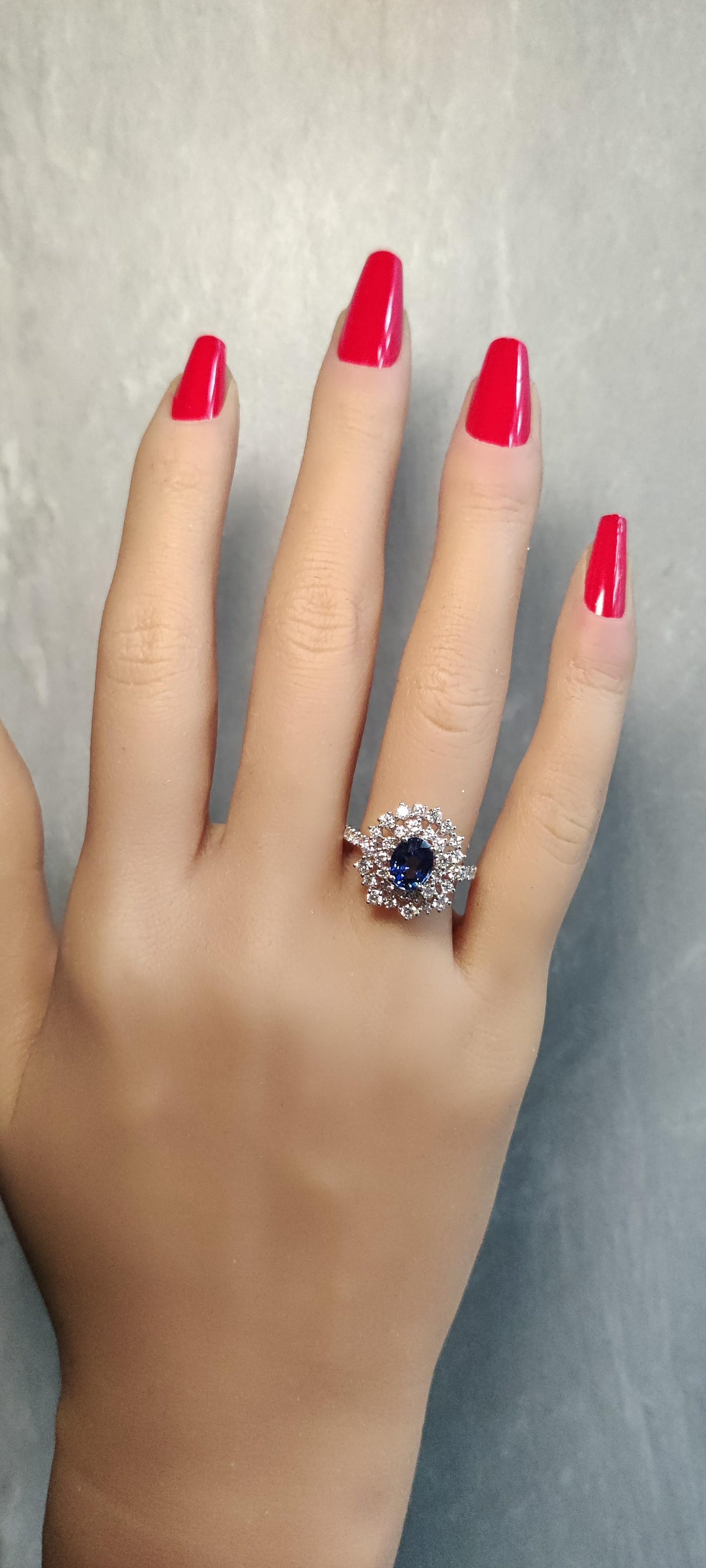 Natural Blue Oval Sapphire and White Diamond 2.86 Carat TW Gold Cocktail Ring