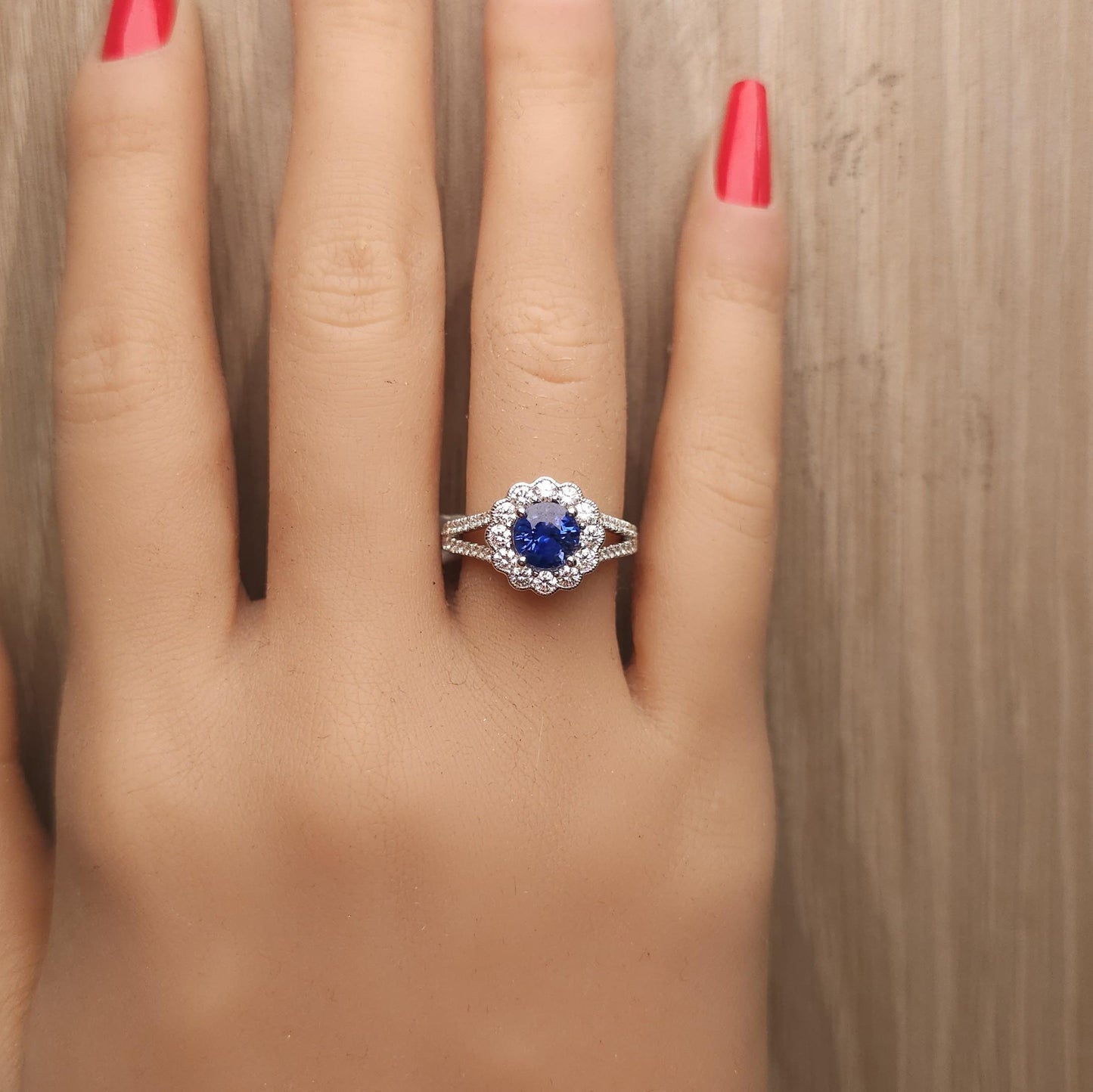Natural Blue Round Sapphire and White Diamond 2.18 Carat TW White Gold Ring